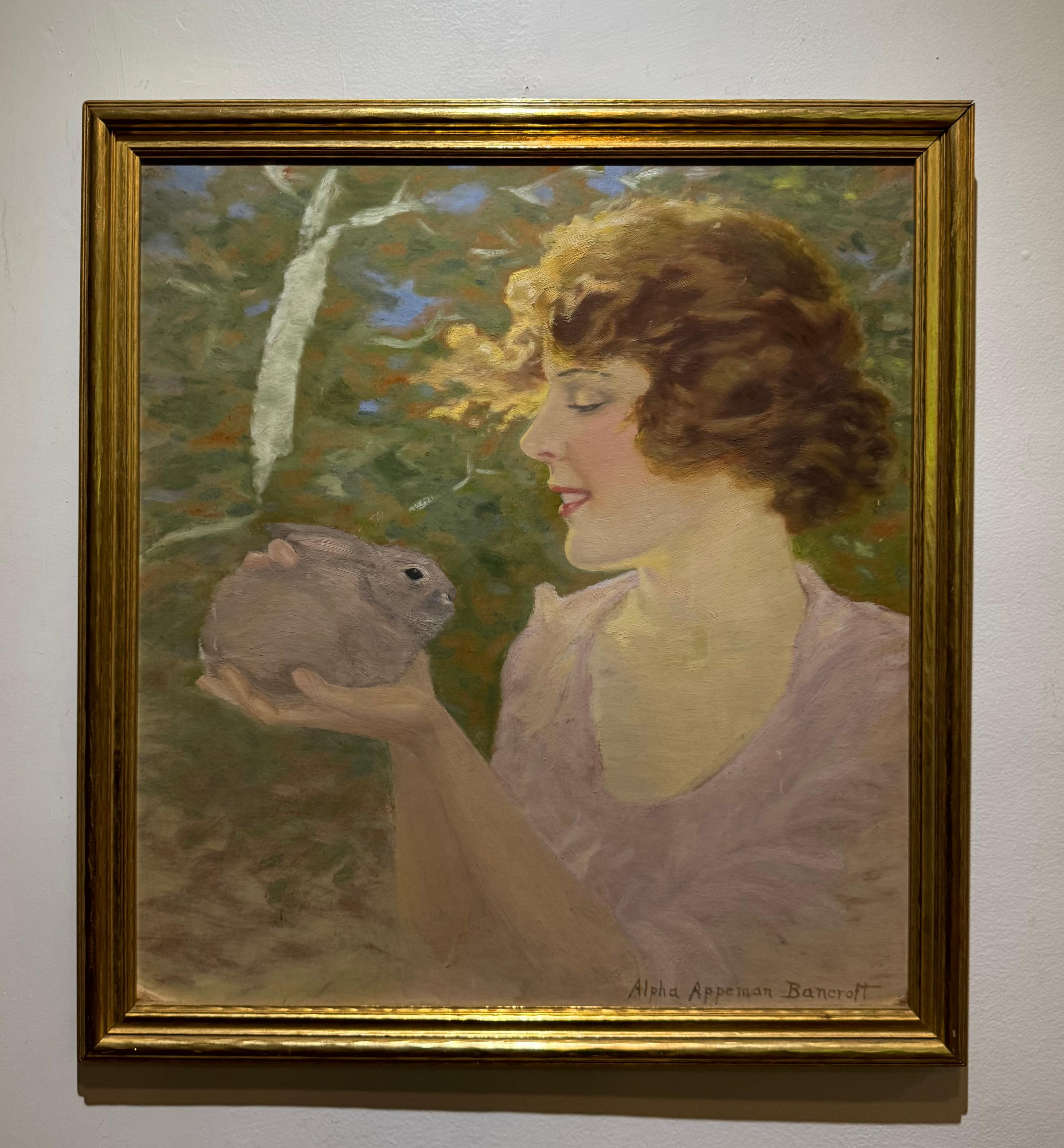 Pintura Impresionista Femenina Americana de Niña con Conejo