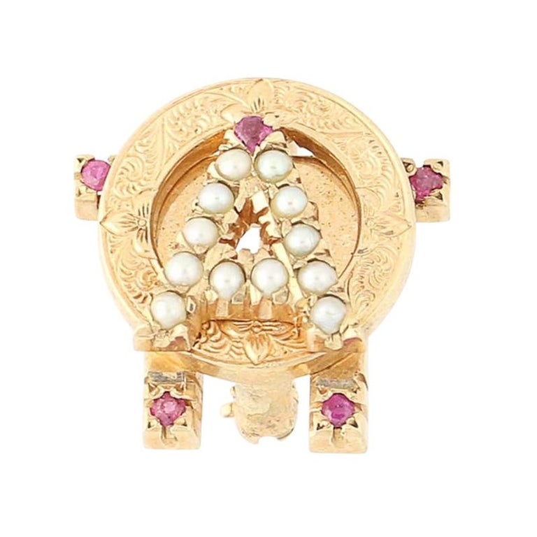 Alpha Omicron Pi Badge 10K Gold Rubies Pearls Vintage Sorority Pin