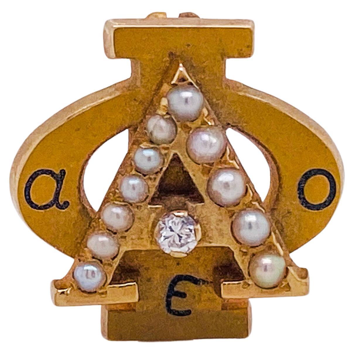 Alpha Phi Sorority Pin Alethia Orno Eteronis Pearl and Diamond Brooch