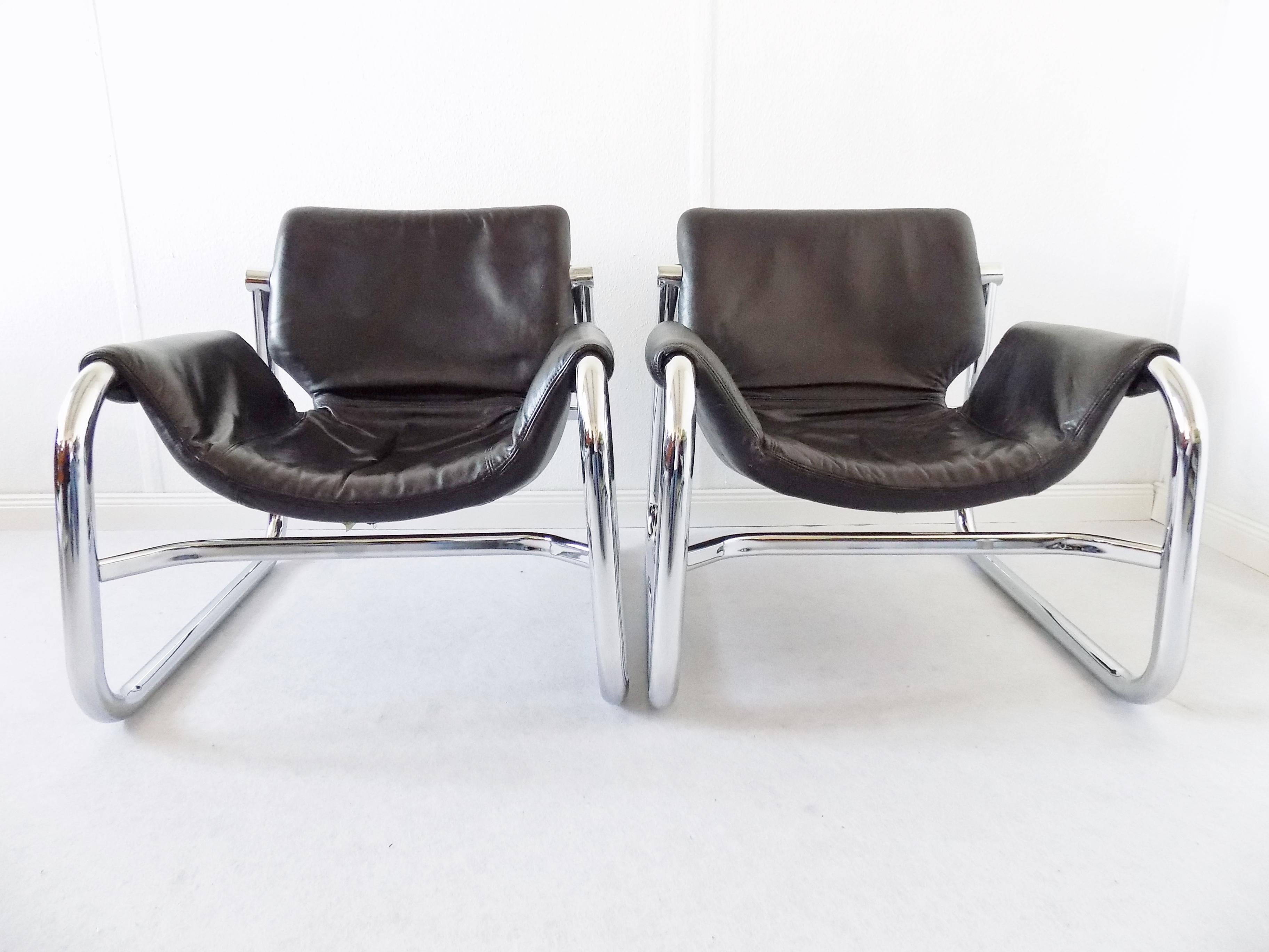 Brazilian Alpha Sling Leather Chairs by Maurice Burke for Pozza, Mid-Century Modern, Black