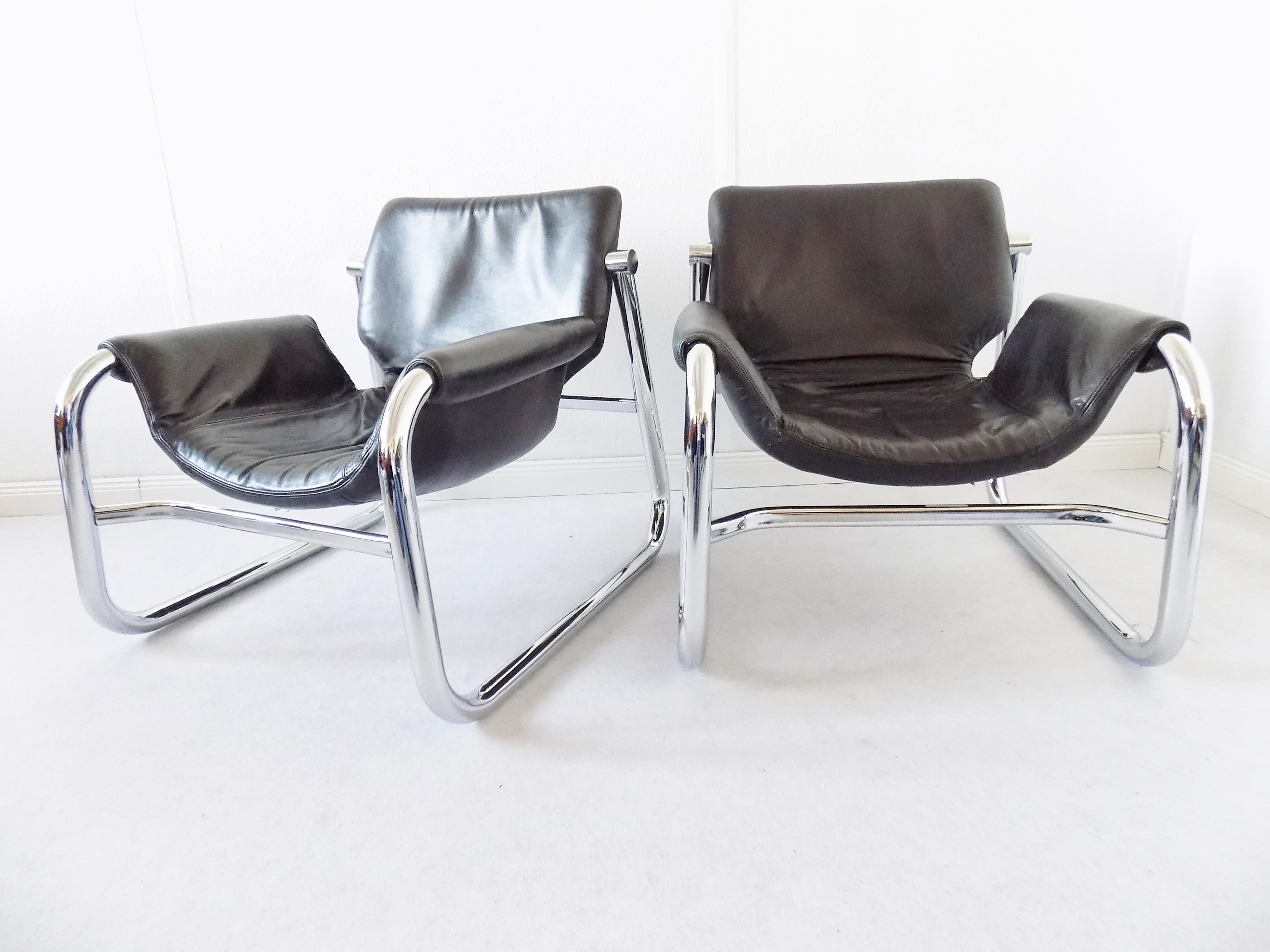 Alpha Sling Leather Chairs by Maurice Burke for Pozza, Mid-Century Modern, Black In Good Condition In Ludwigslust, Mecklenburg-Vorpommern