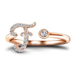 Anello con iniziale dell'alfabeto, F, lettera personale con diamante da 0,10 carati in oro rosa 9Kt
