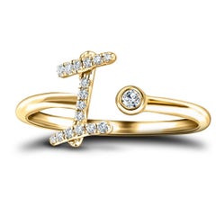 Anillo de oro amarillo de 9 quilates con la inicial del alfabeto, I, Letra Personal Diamante de 0,10 quilates