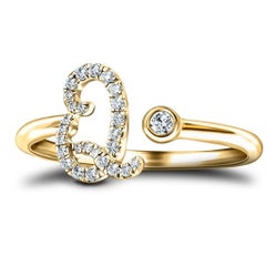 Alphabet Initial Q Letter Personal Diamond 0.12 Carat 9Kt Yellow Gold Ring
