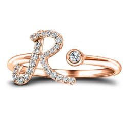 Alphabet Initial 'R' Letter Personal Diamond 0.11 Carat 9Kt Rose Gold Ring