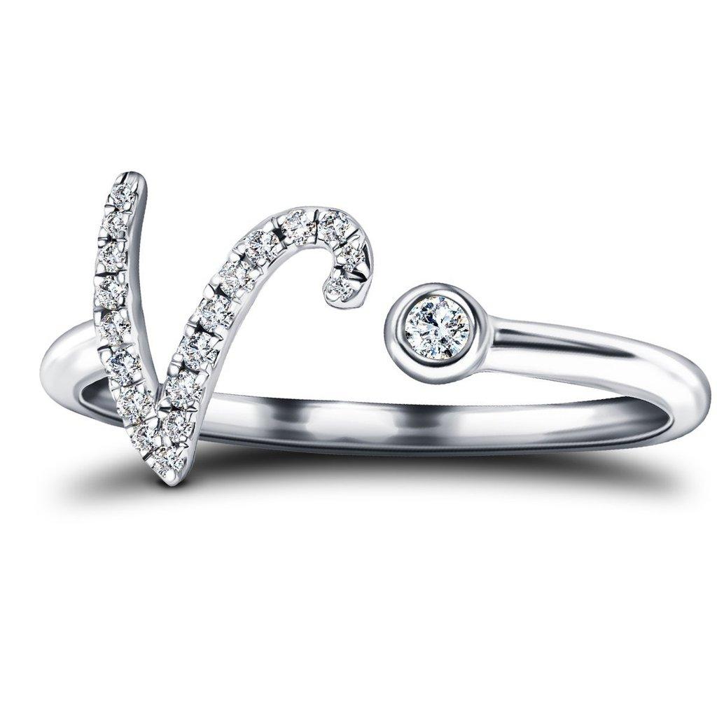 Im Angebot: Alphabet Initiale - V - Buchstabe Persönlicher Diamant 0,11 Karat 9 Kt Weißgold Ring () 2