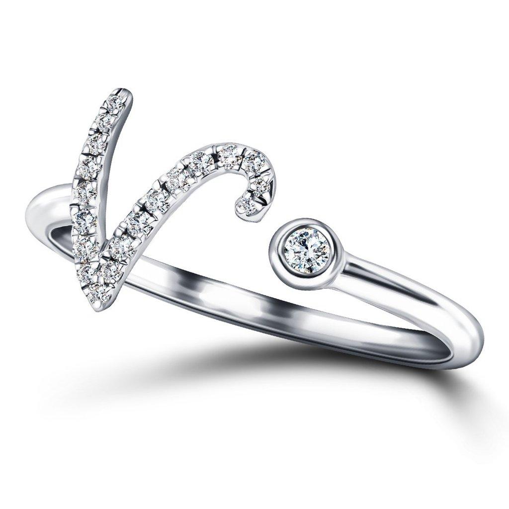 En venta: Inicial del Alfabeto - V - Letra Personal Anillo de Diamantes de 0,11 Quilates y Oro Blanco de 9 Kt  3