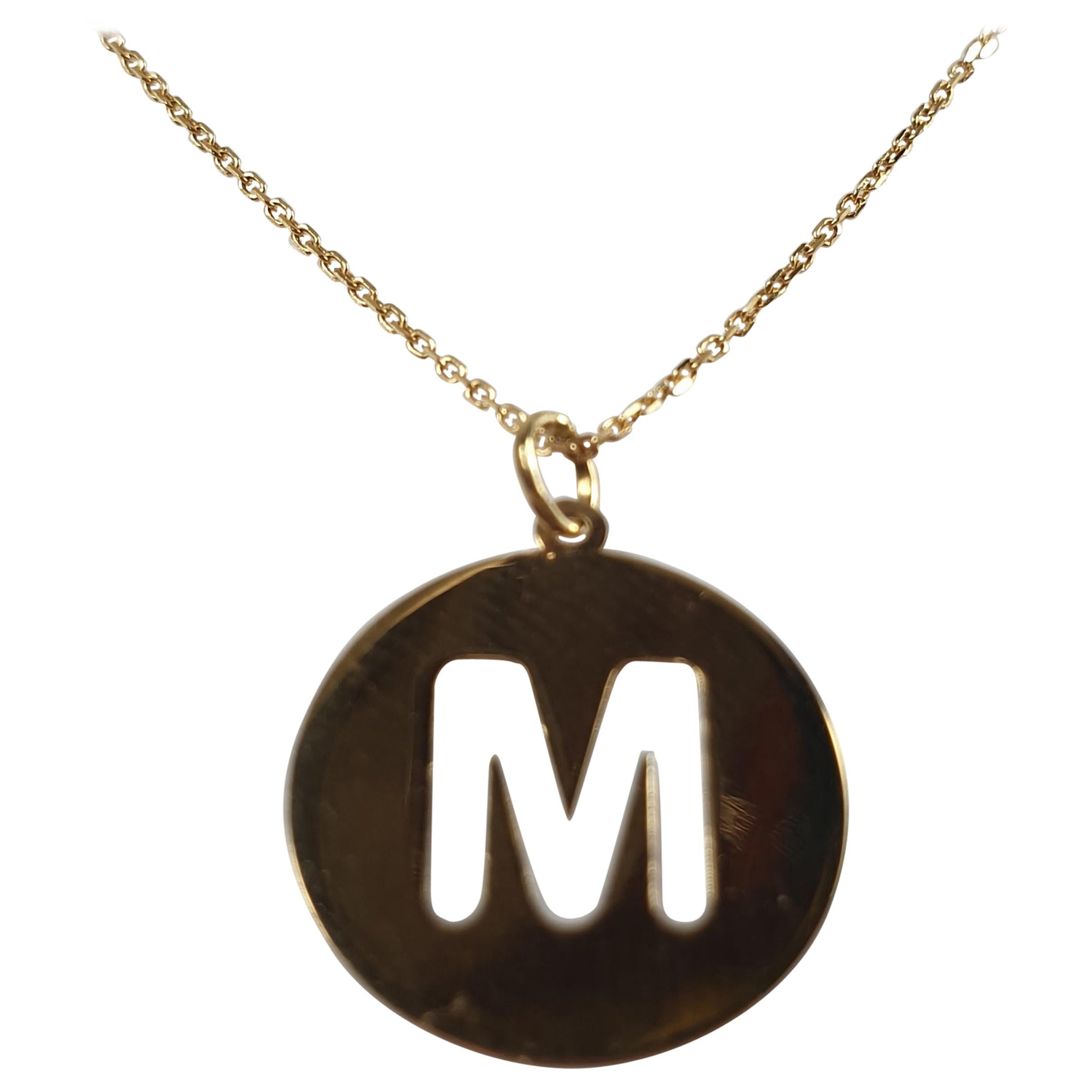 Alphabet Token M Necklace 18 Karat Gold, Options White, Yellow and Rose  Gold For Sale at 1stDibs