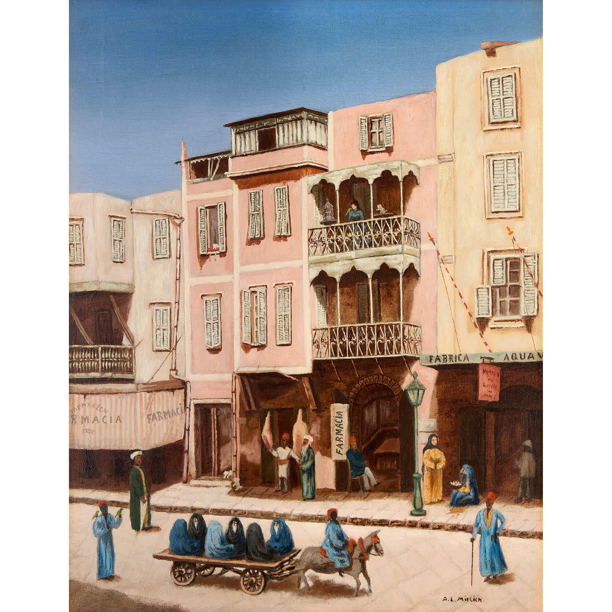 Antikes orientalisches Ölgemälde einer Straßenszene aus der Mitte des Jahrhunderts von A. L. Mielich – Painting von Alphons Leopold Mielich