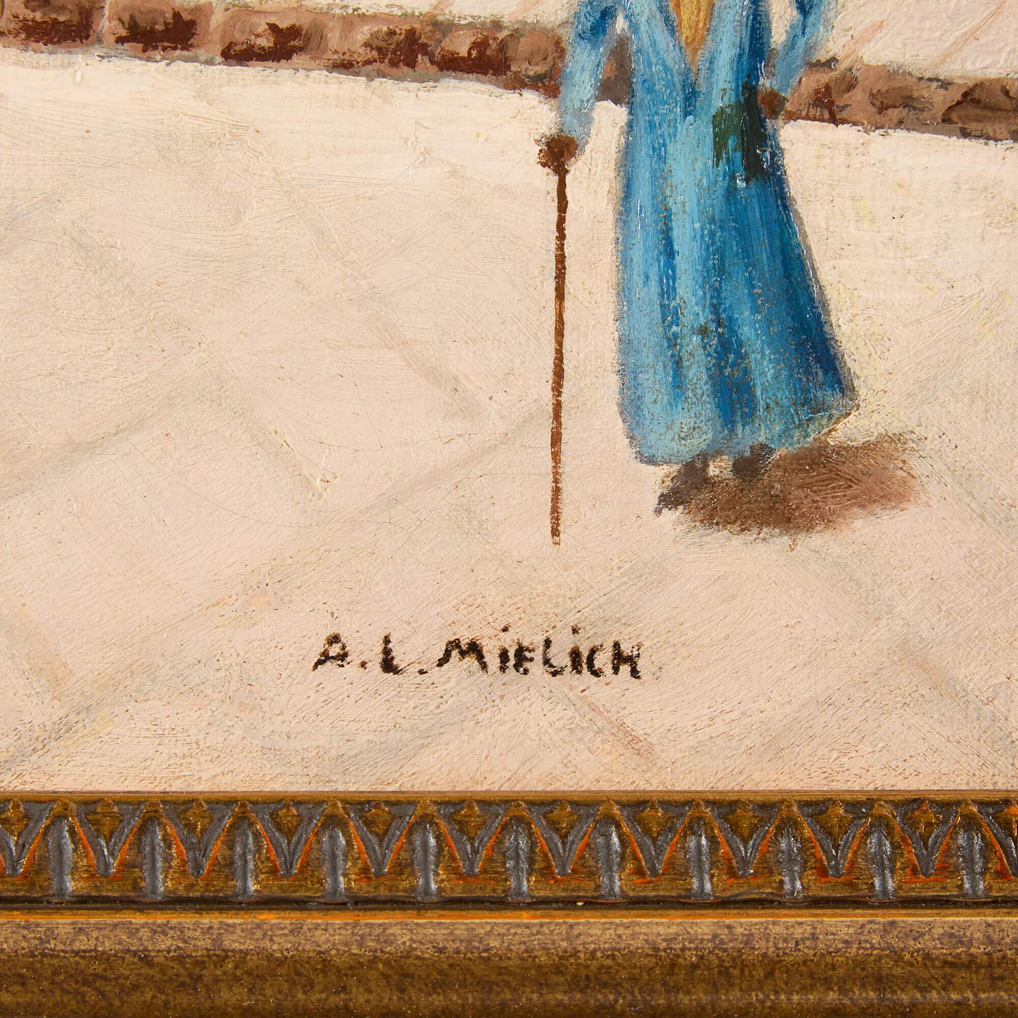 Antikes orientalisches Ölgemälde einer Straßenszene aus der Mitte des Jahrhunderts von A. L. Mielich (Braun), Figurative Painting, von Alphons Leopold Mielich