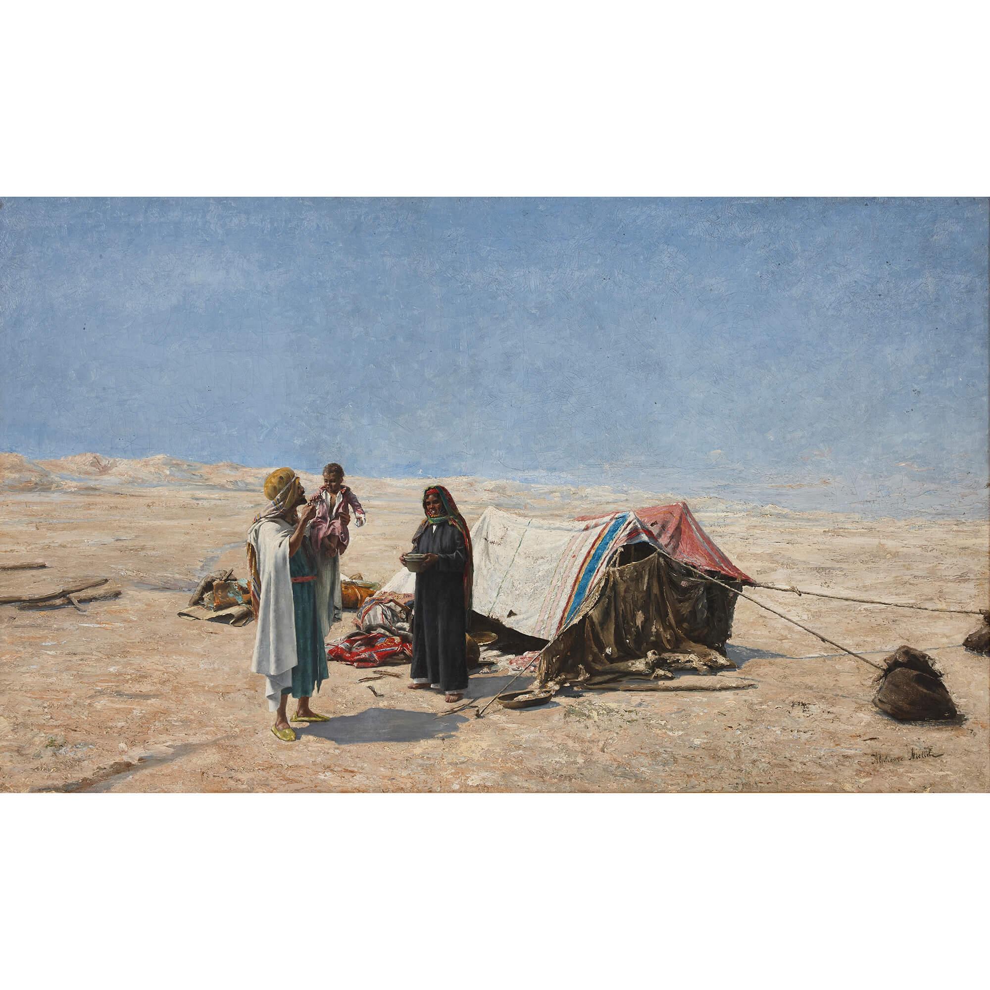 Orientalist Oil Painting of Bedouins in a Desert by Alphons Leopold Mielich For Sale 1