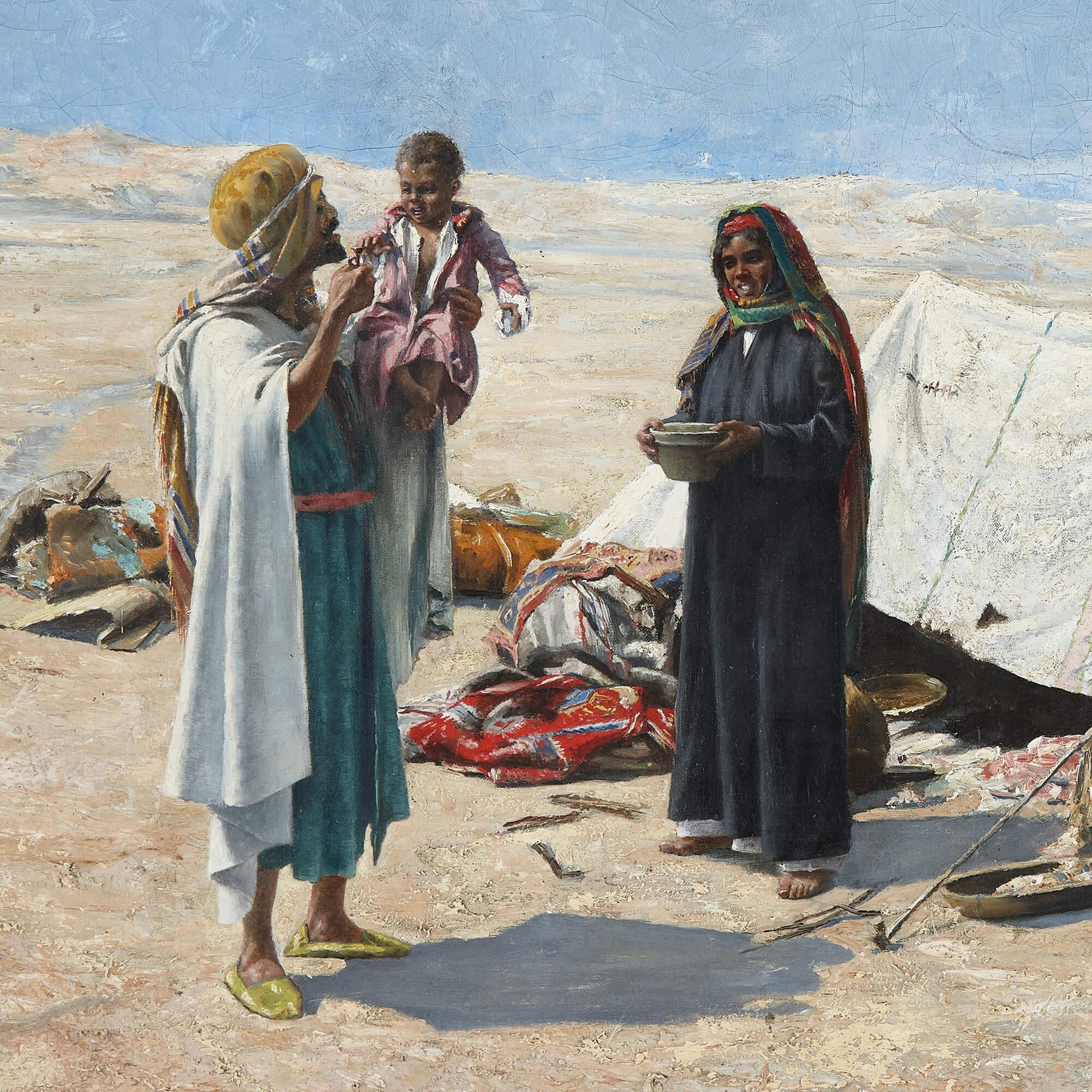 Orientalist Oil Painting of Bedouins in a Desert by Alphons Leopold Mielich For Sale 2