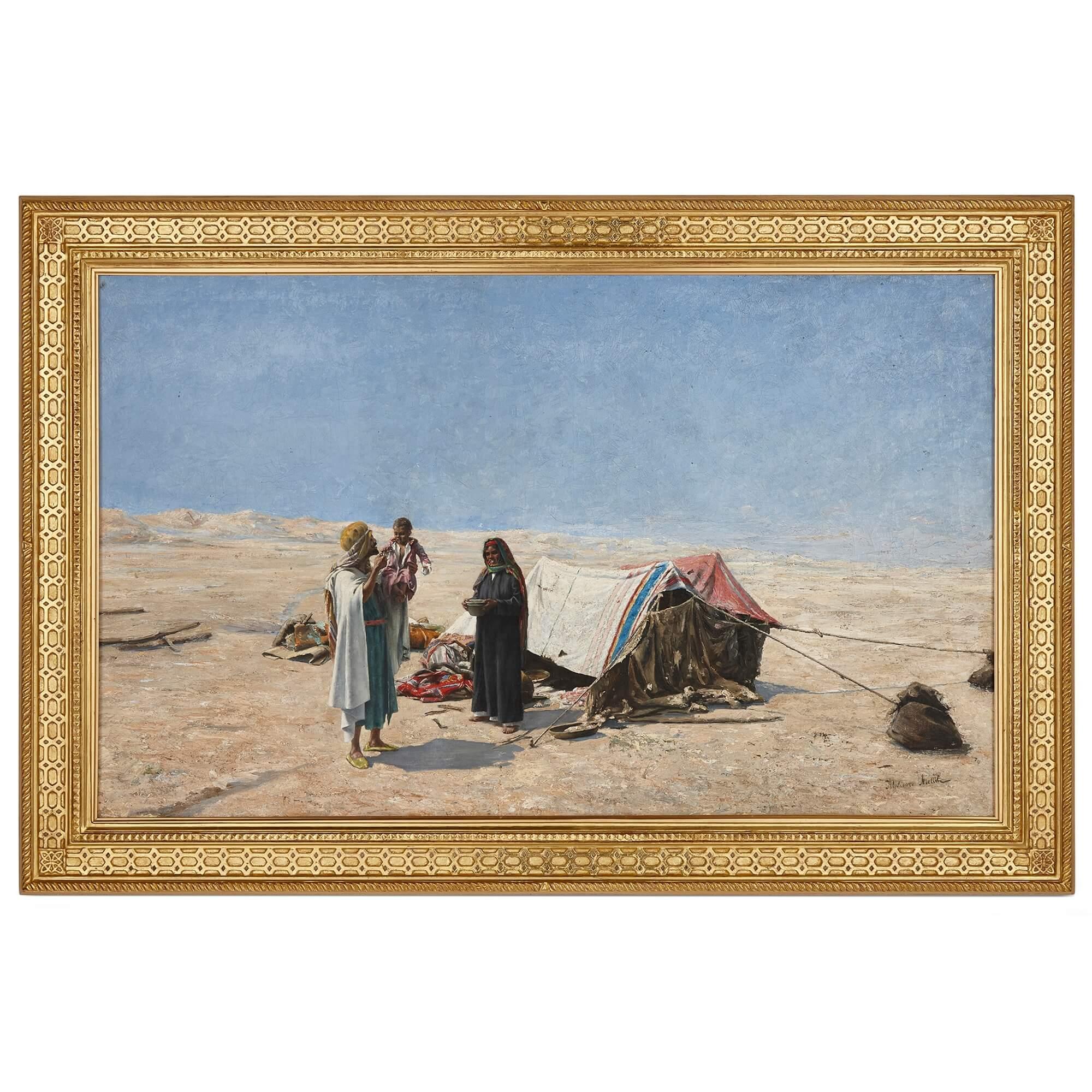 Orientalist oil painting of Bedouins in a desert by Alphons Leopold Mielich
Austrian, c.1900
Canvas: Height 68cm, width 111cm
Frame: Height 79cm, width 121cm, depth 4cm

Painted by the famous Orientalist painter Alphons Leopold Mielich (1863-1929),