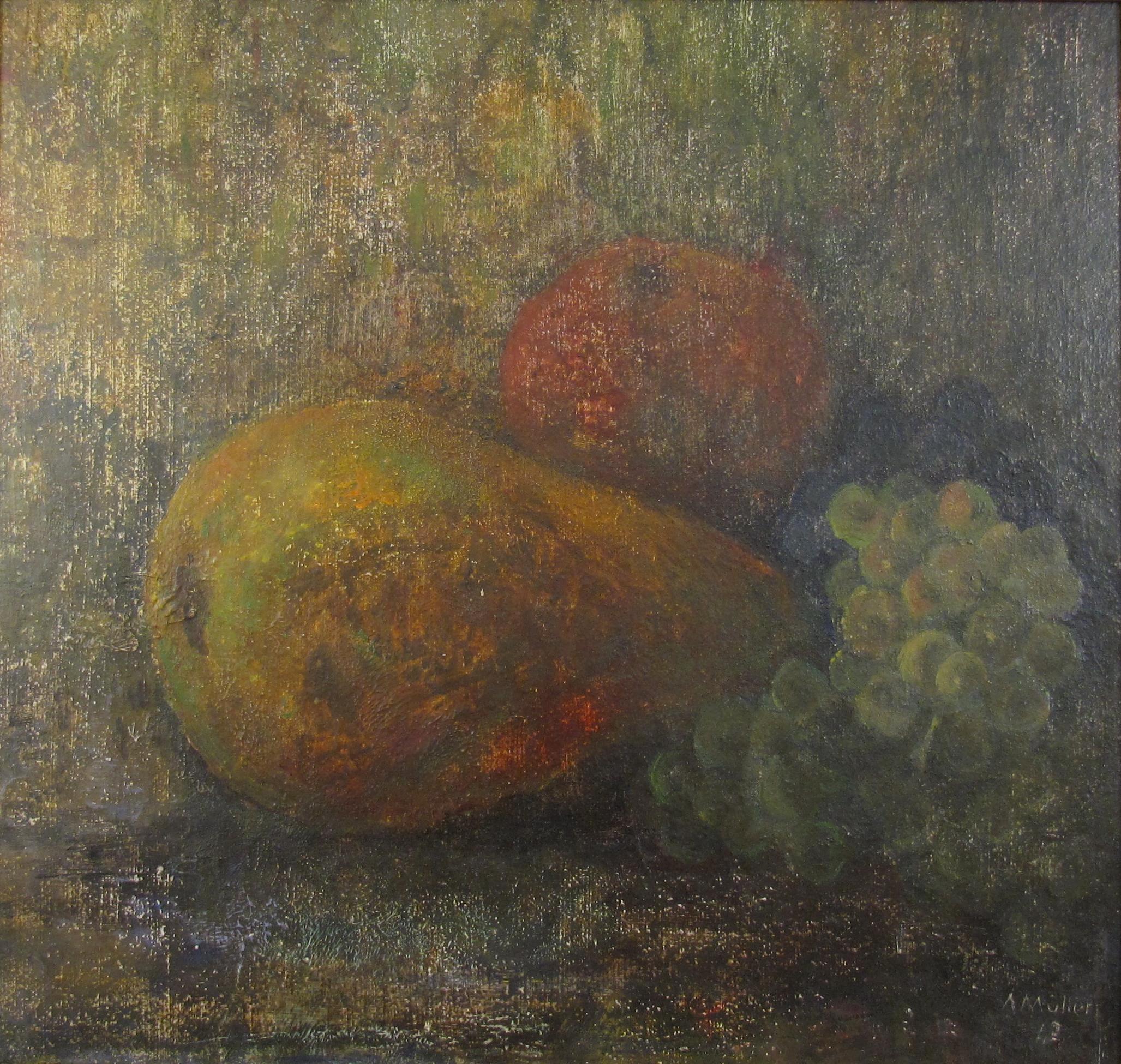 Alfons / Alphons Müller
(Swiss, * 24.8.1898 Mitlödi, † 8.6.1955 Biel)

Still Life with a Quince, an Apple and Grapes

•	Oil on artist board, ca. 31 x 33 cm
•	Frame, ca. 41 x 43 cm
•	Signed and dated (19)42 bottom right
•	Worldwide shipping is