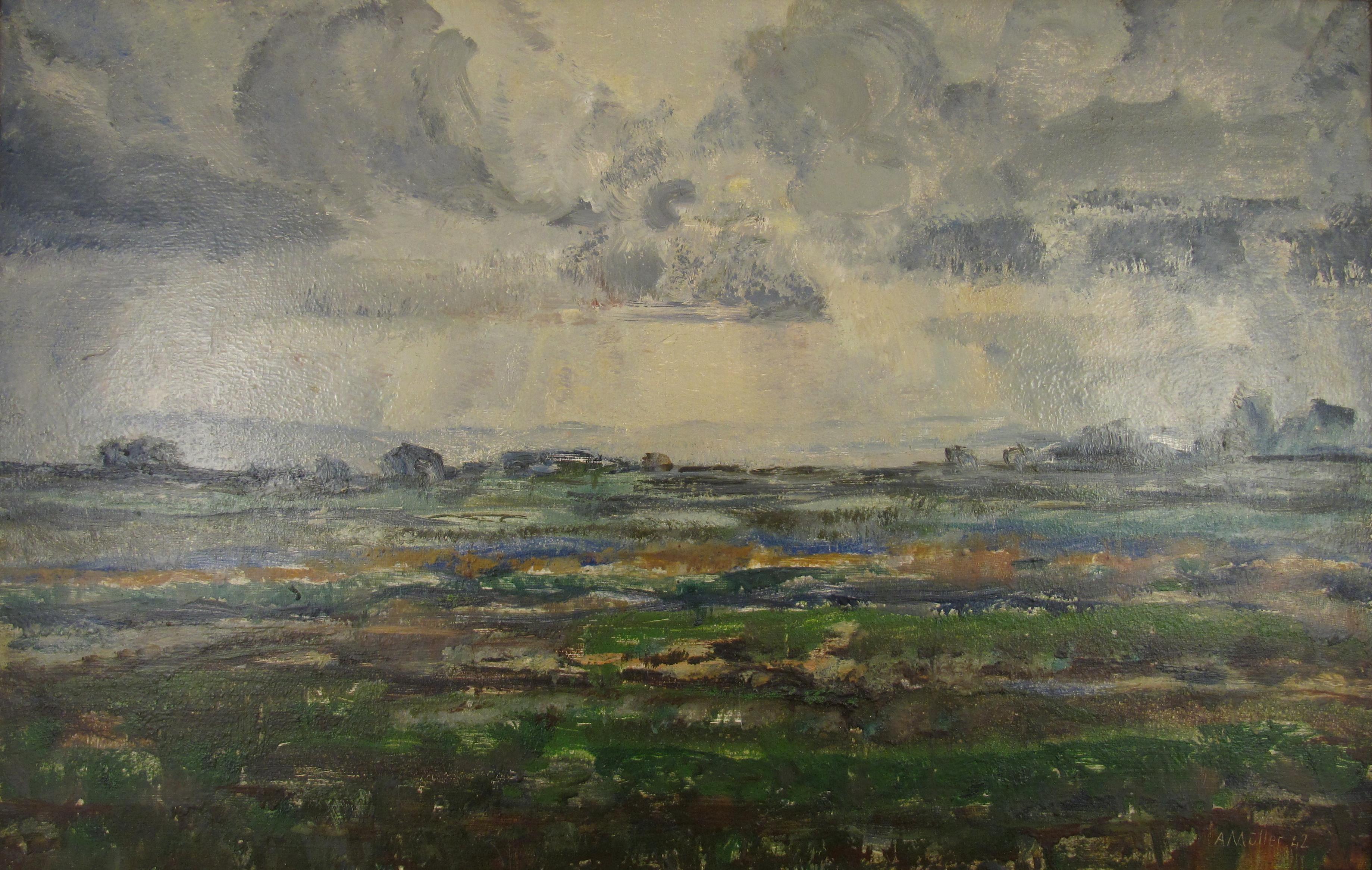 Alphons Müller 1898-1955 Paysage tempétueux des lacs Peinture à l'huile 1942 Suisse en vente 1