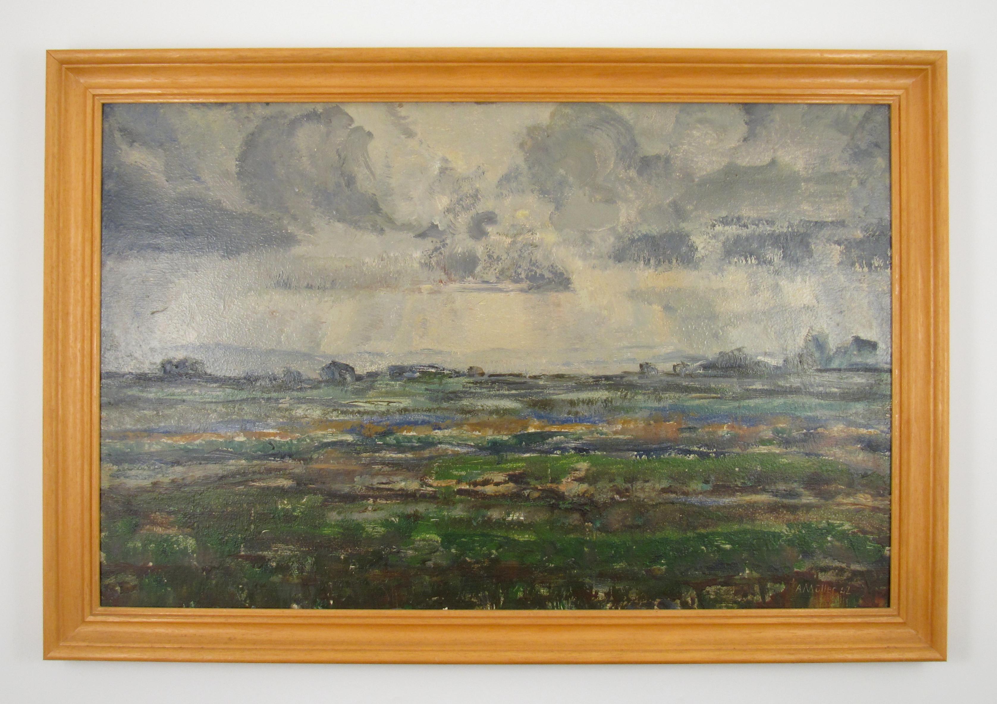 Alphons (Alfons) Müller
(Swiss, * 24.8.1898 Mitlödi, † 8.6.1955 Biel)

Stormy Lakeland Landscape in Switzerland

•	Oil on artist board, ca. 45 x 70 cm
•	Frame, ca. 49 x 75 cm
•	Signed and dated (19)42 bottom right
•	Verso a second painting of