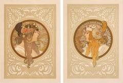 Original Alphons Mucha Byzantine Heads Pair 1897 Framed