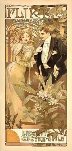 Cartel Vintage Original de Alphons Mucha Flirt for Biscuits Lefevre Utile 1900