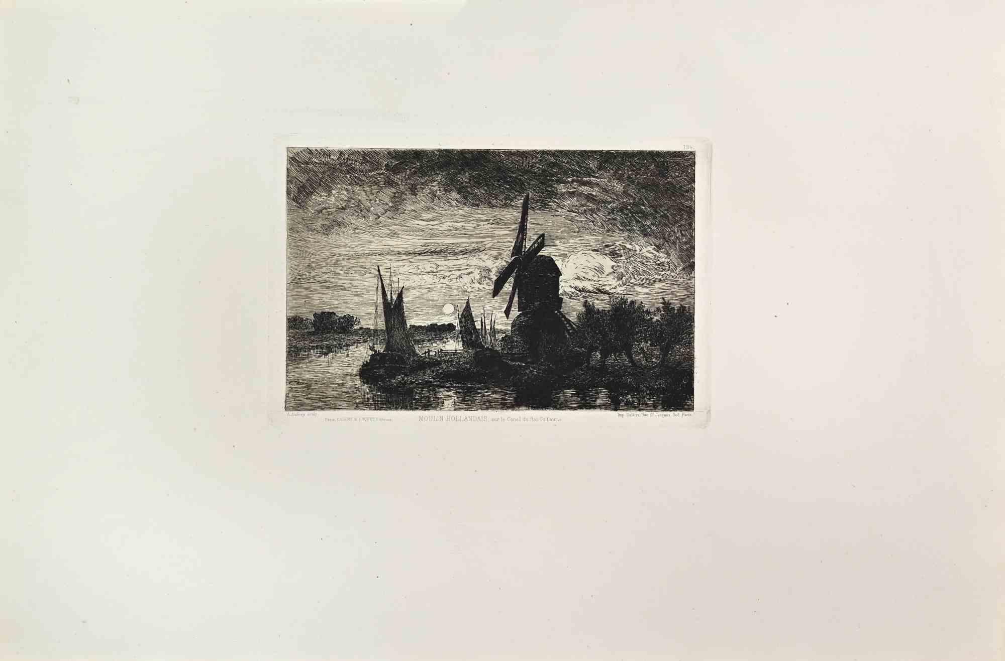 Moulin Hollandais is a black and White etching realized by Alphonse Aufray De Roc'Bihan in the 1860s. 

Titled in the lower.

Image size: 15x23.

Very good impression with wide margins and a very fresh inking.

Realized for the "Société des
