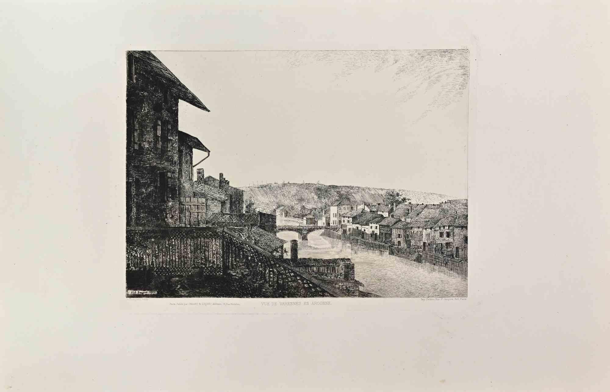 Vue de Varennes en Argonne ist eine Schwarz-Weiß-Radierung von Alphonse Beaujoint aus den 1860er Jahren. 

Im unteren Bereich betitelt.

Bildgröße: 23x31.

Sehr guter, breitrandiger Abdruck mit sehr frischer Tinte.

Realisiert für die "Société des