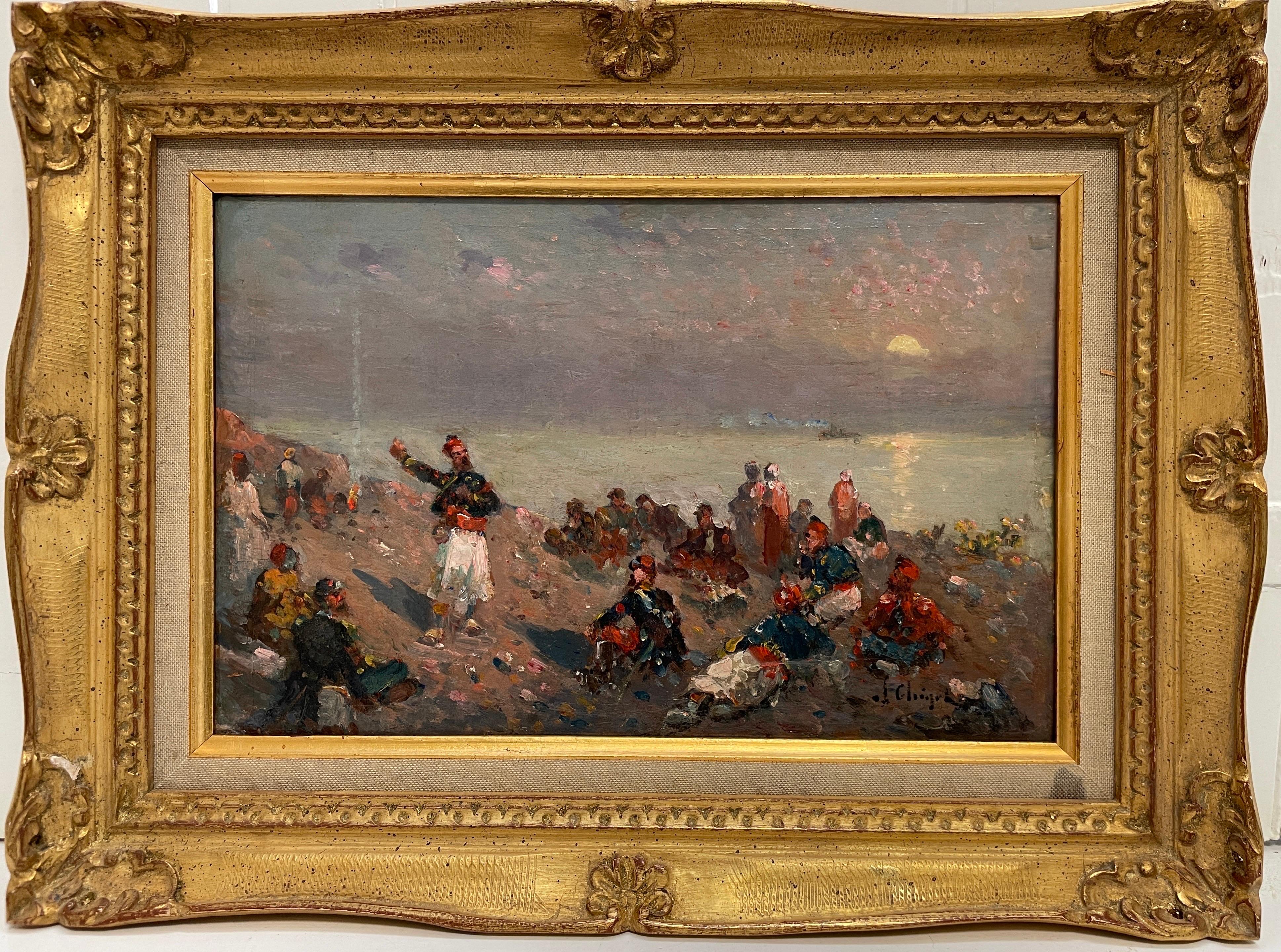 Alphonse Chigot Landscape Painting - 19th Century French Impressionist Oil Soldiers Resting by Camp Fire Sunset Sea