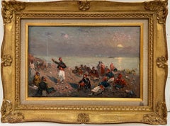 19th Century French Impressionist Oil Soldiers Resting by Camp Fire Sunset Sea