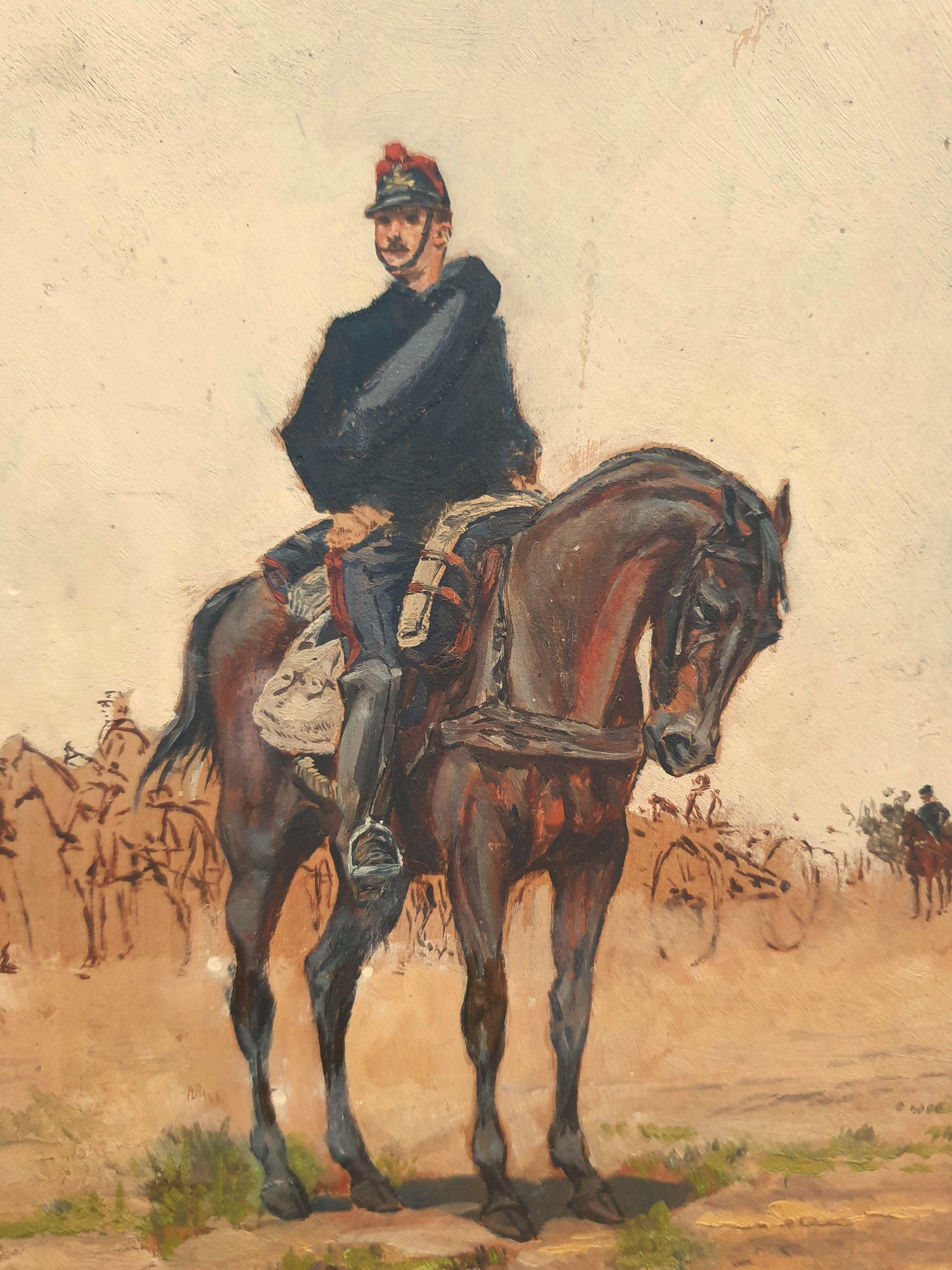 Quadro militare francese 1870 guerra soldato cavallo Schizzo XIX - Painting di Alphonse de Neuville