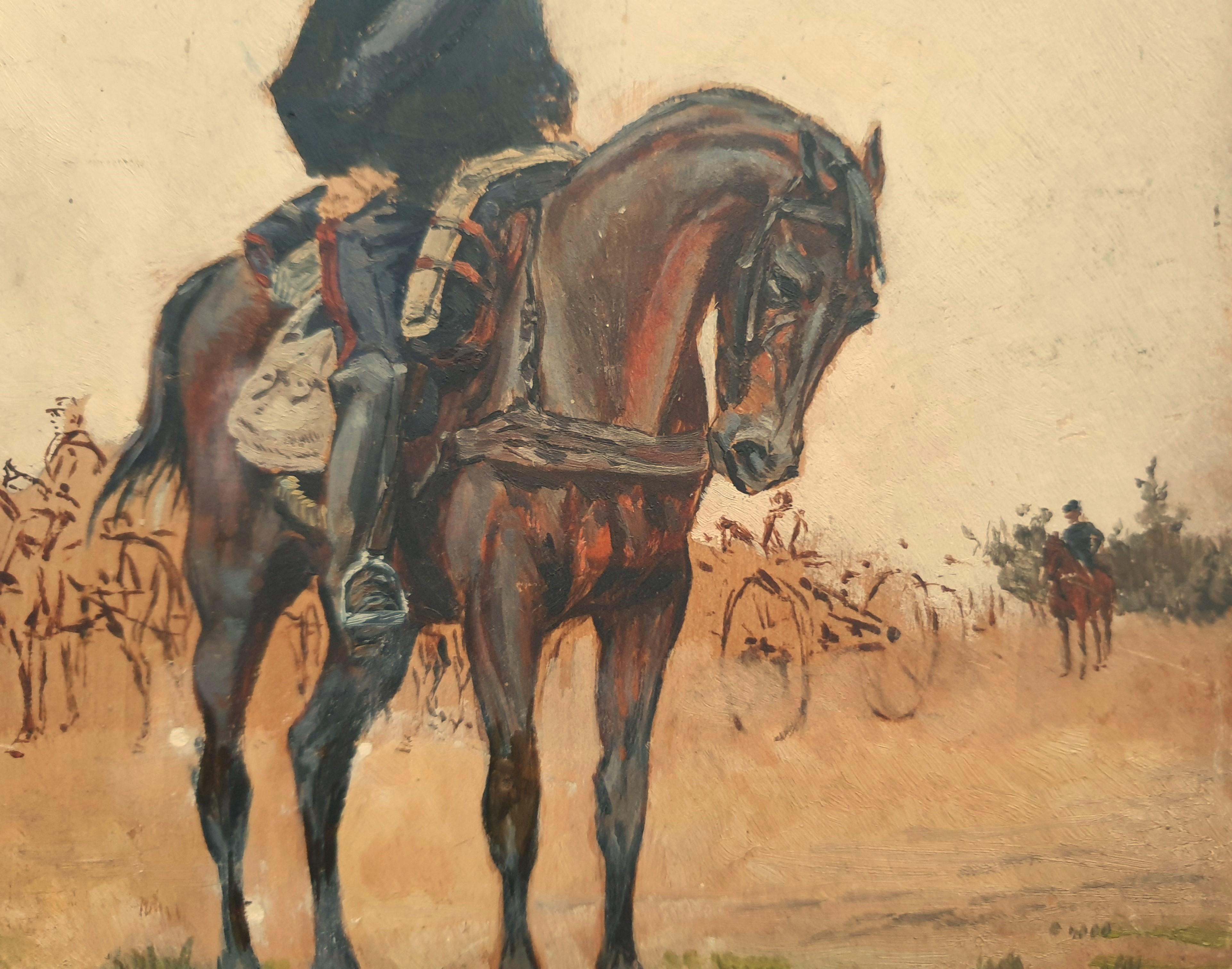 Quadro militare francese 1870 guerra soldato cavallo Schizzo XIX - Figurative Painting Marrone di Alphonse de Neuville