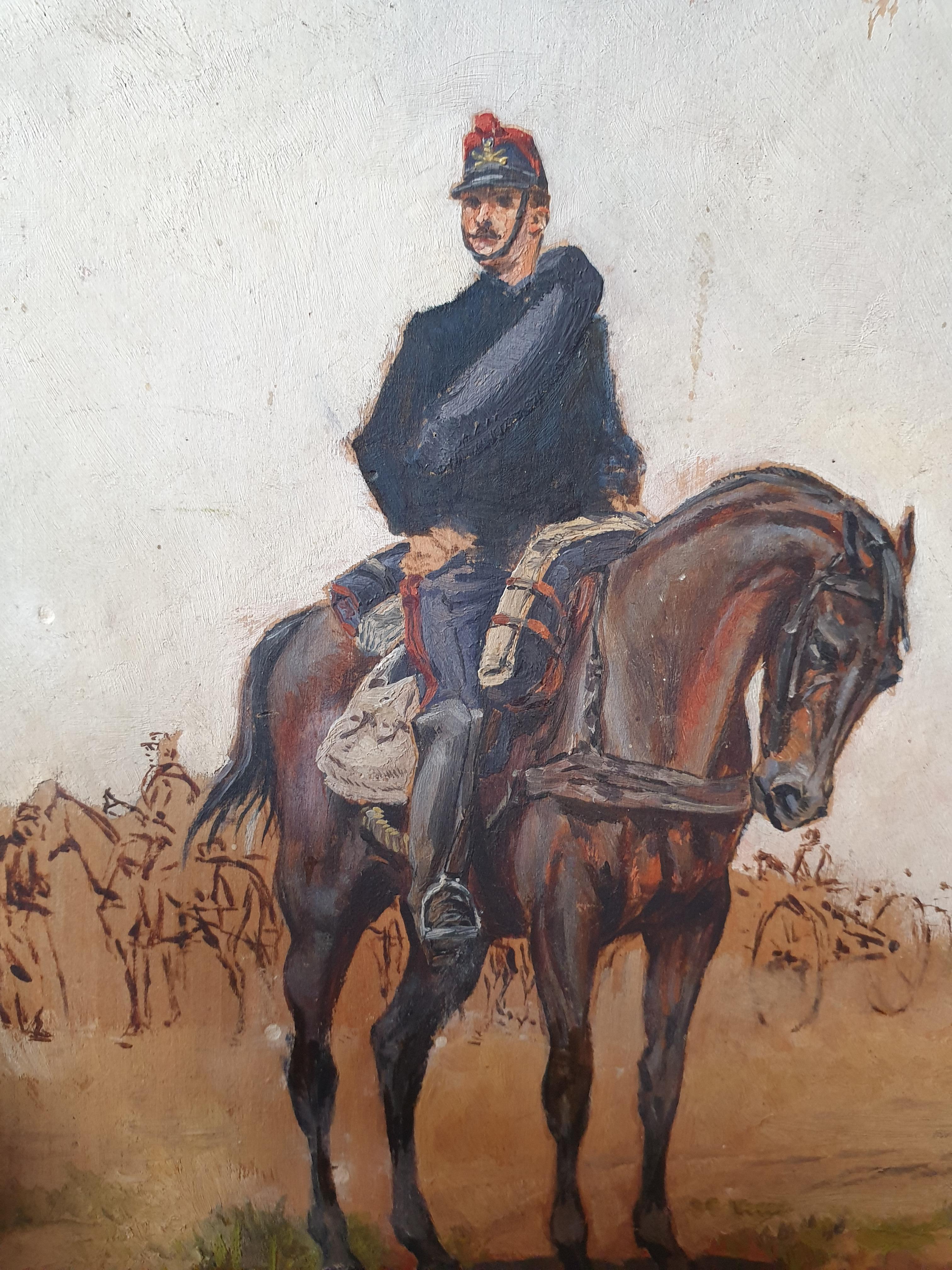 Quadro militare francese 1870 guerra soldato cavallo Schizzo XIX - Painting Scuola francese di Alphonse de Neuville