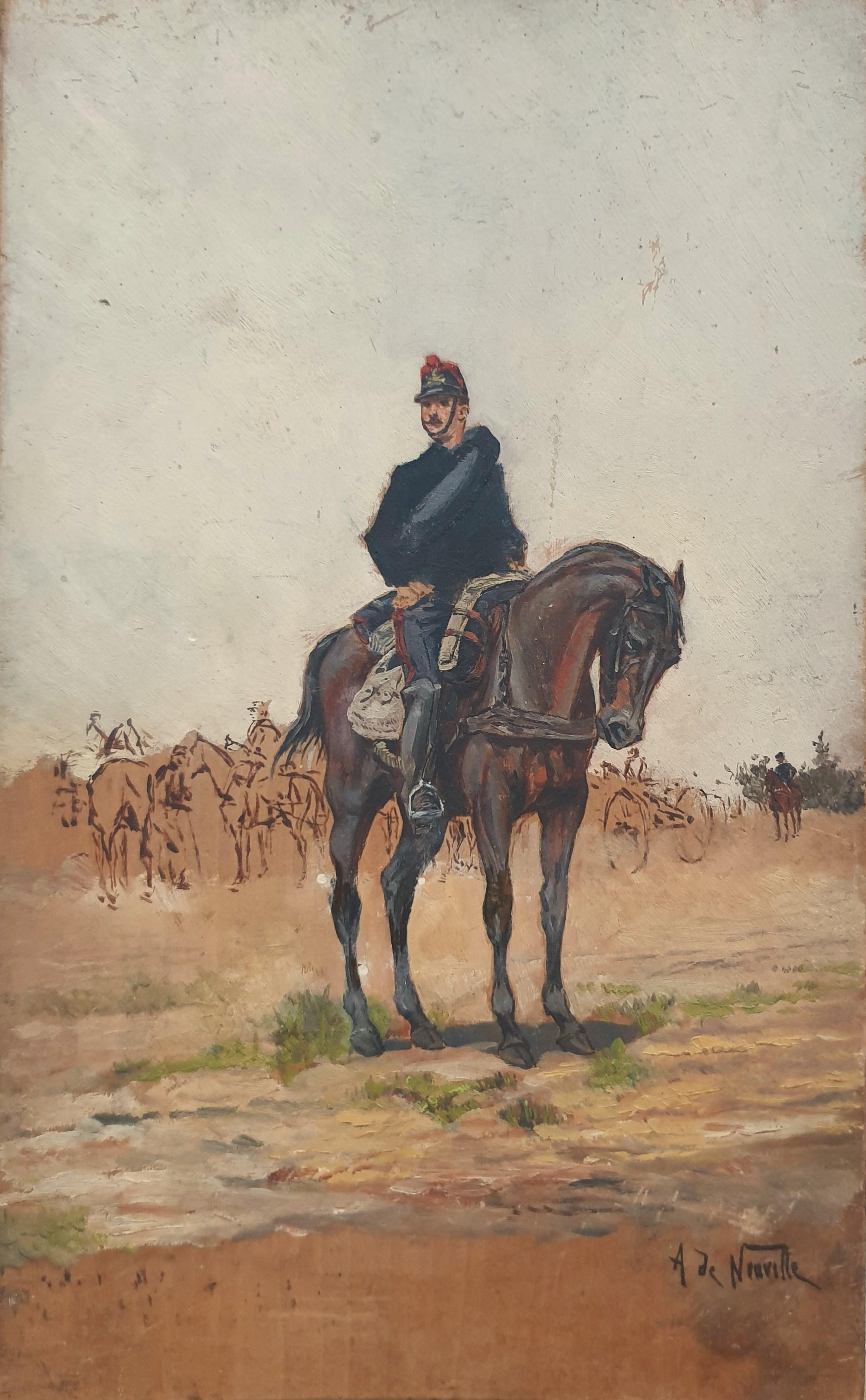 Figurative Painting di Alphonse de Neuville - Quadro militare francese 1870 guerra soldato cavallo Schizzo XIX