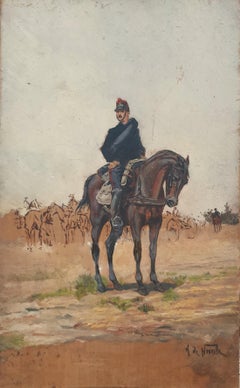 Antique Military french painting 1870 war soldier horse Sketch 19th