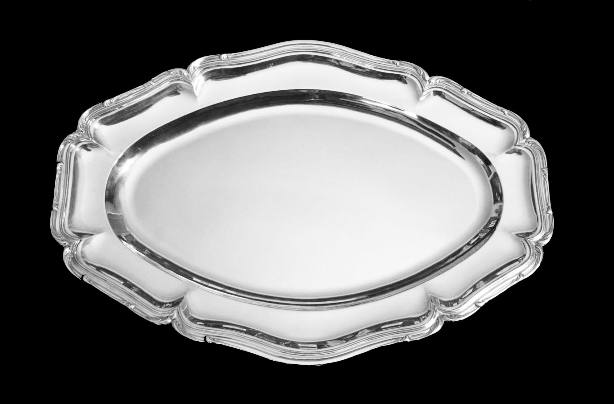 Direct from a private mansion in Paris, a spectacular 10pc. set (4 oval platters & 6 round platters) of 19th century, 950 sterling silver, Louis XVI serving platters by the one of Frances premier silversmiths 