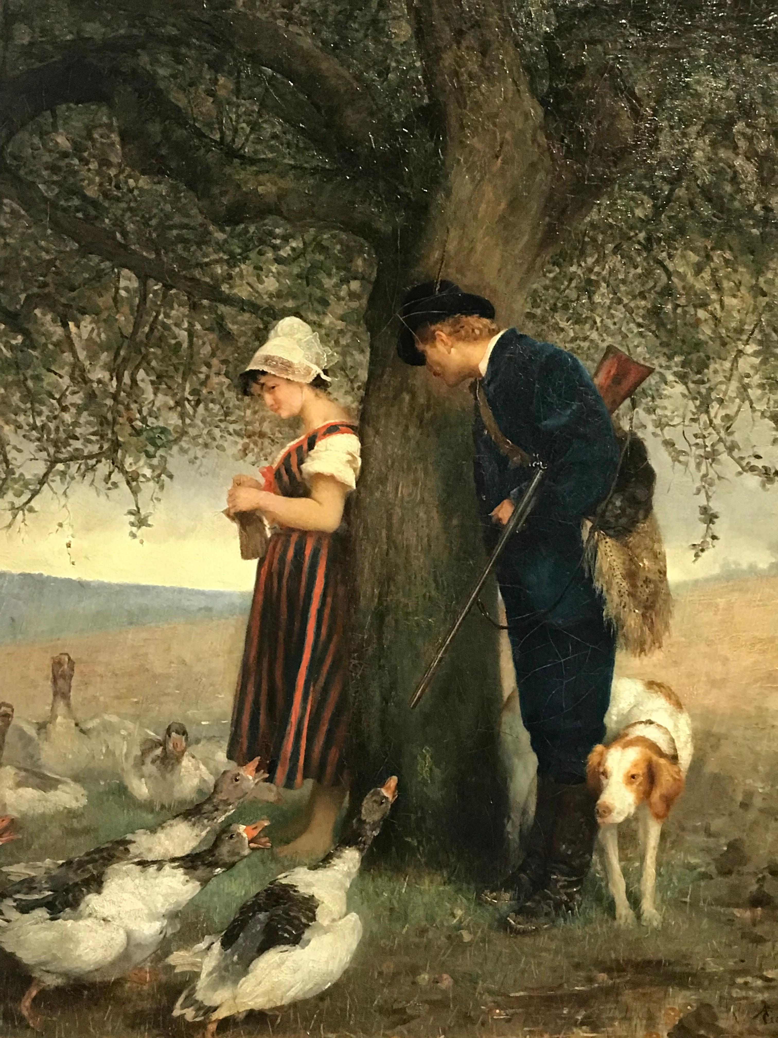 Original oil painting on canvas by the French artist Alphonse Gaudefroy (1845-1936). Artist signed lower right A. Gaudefroy and dated '79.

Scene of a young girl feeding ducks and a hunter with his game and hunting dog. 

Image size 28