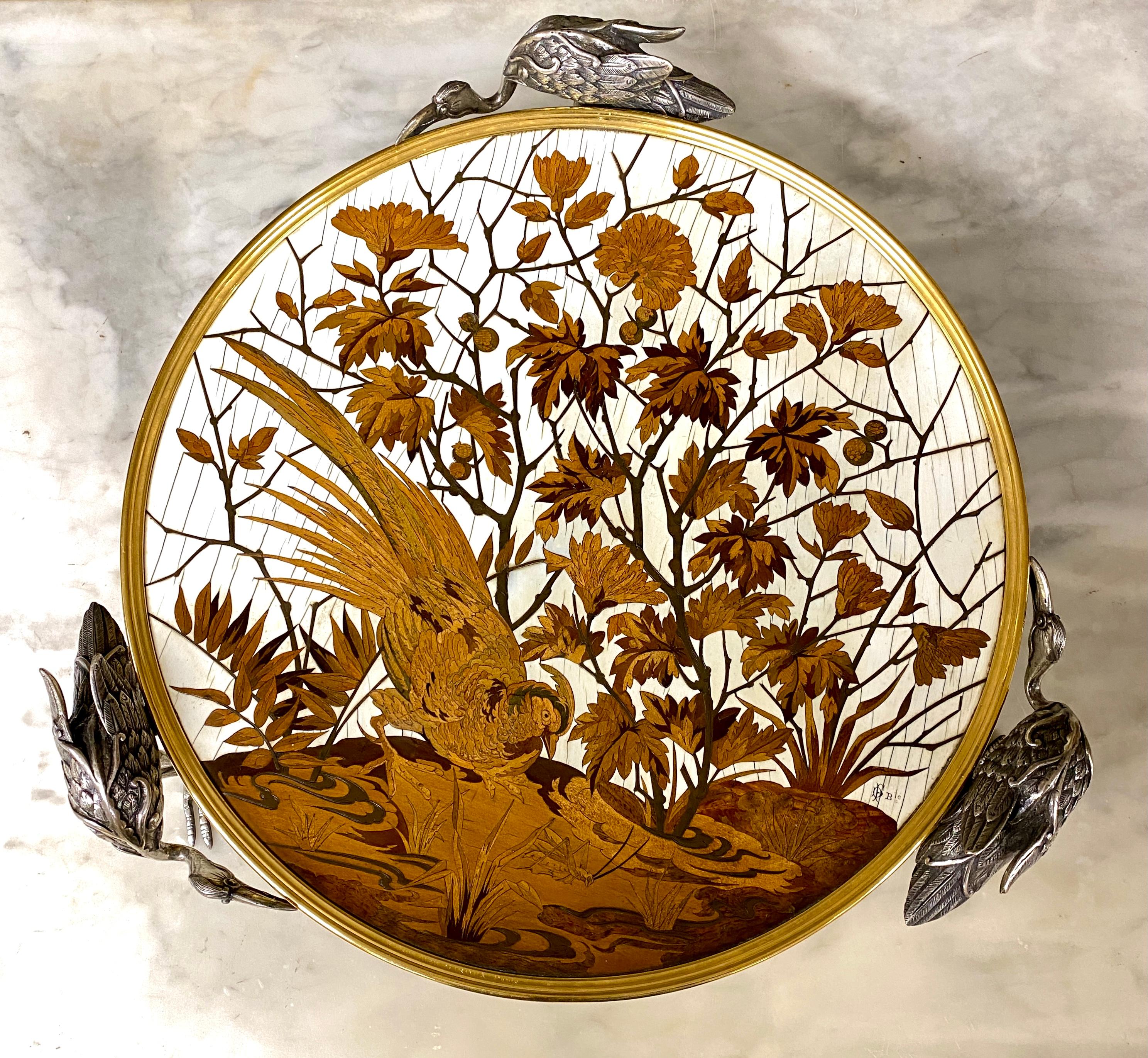 Alphonse Giroux and Duvinage, Japanese Bowl with Storks in Marquetry Cloisonné For Sale 2
