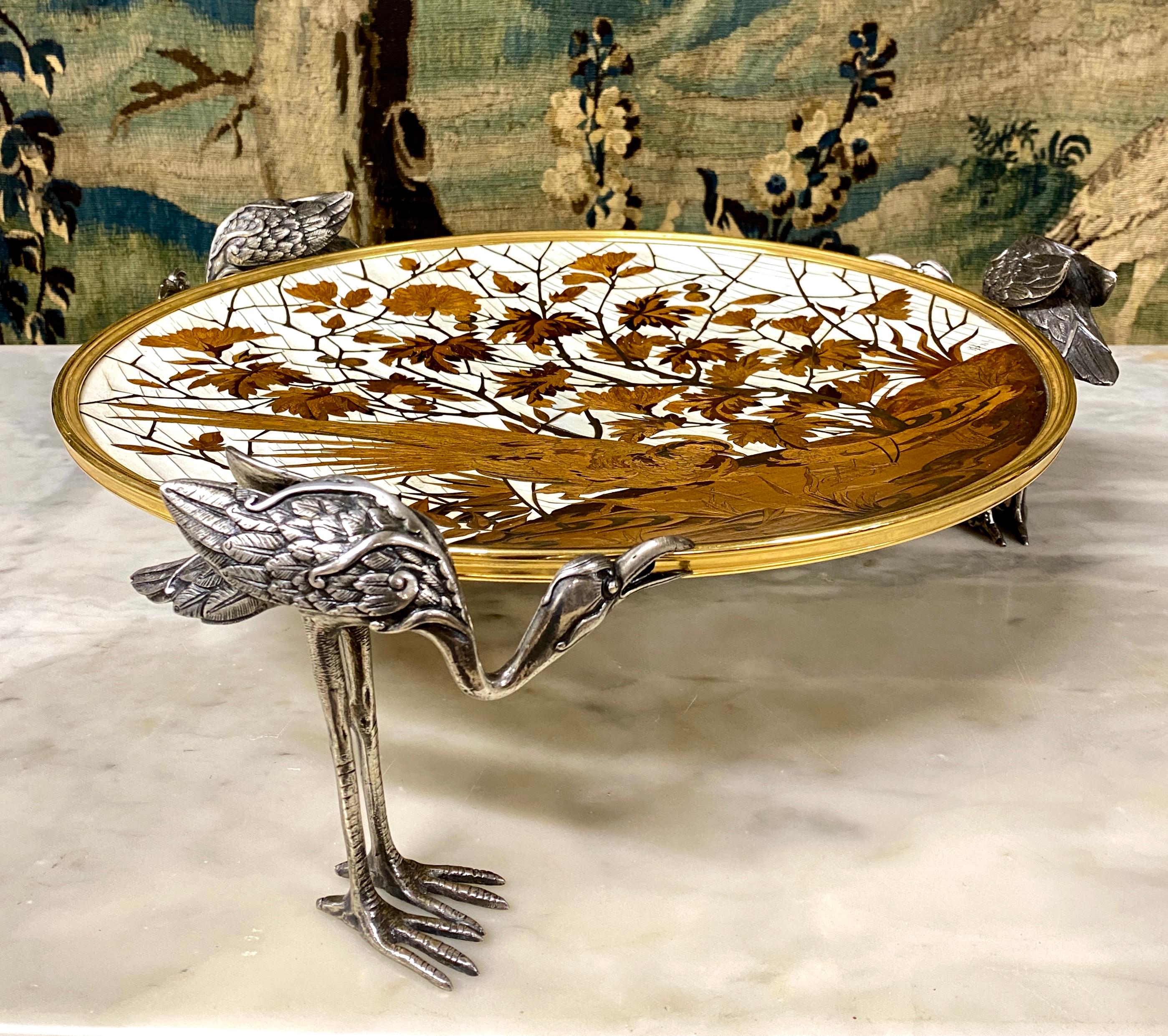 Alphonse Giroux and Duvinage, Japanese Bowl with Storks in Marquetry Cloisonné For Sale 3