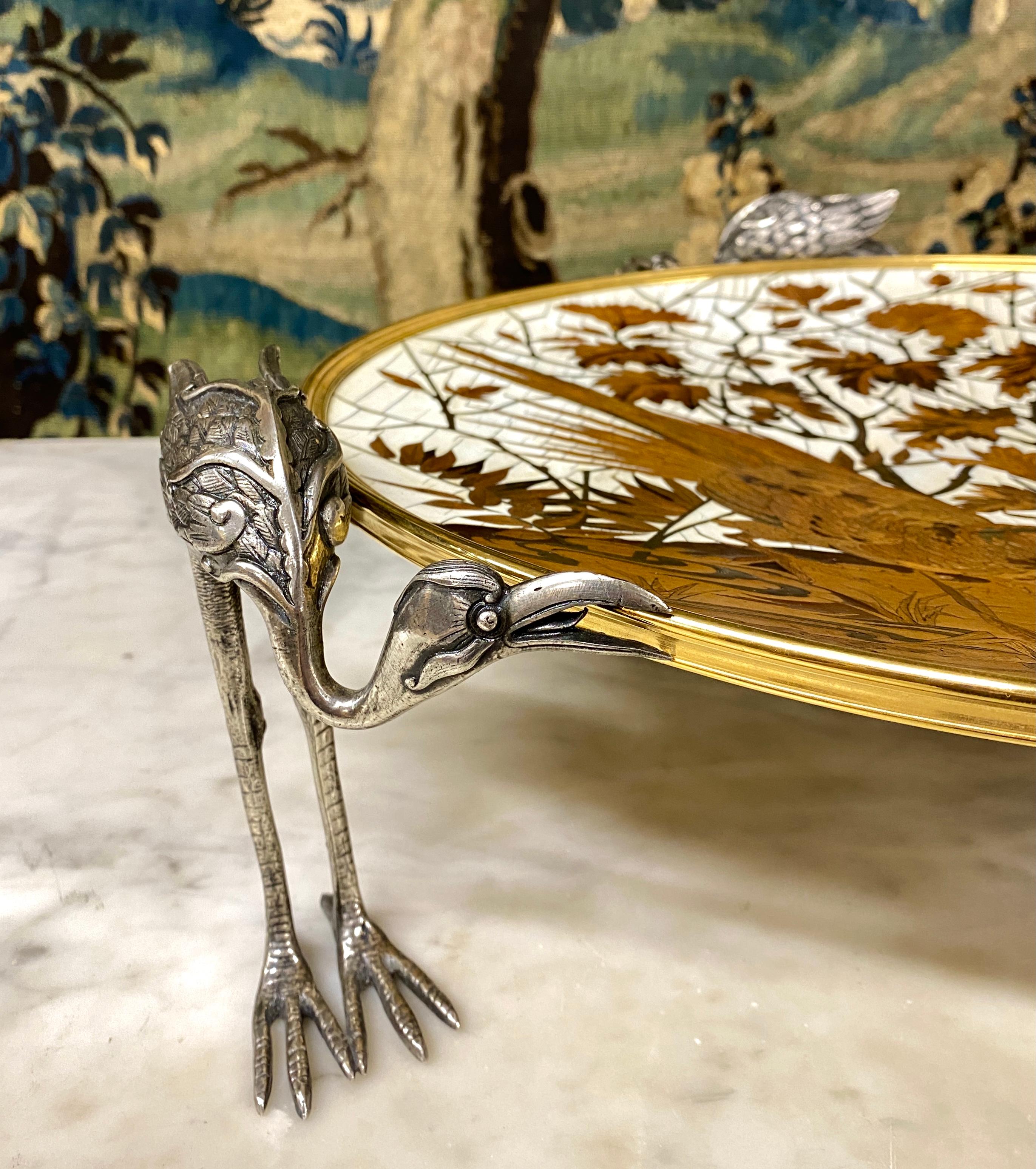 Napoleon III Alphonse Giroux and Duvinage, Japanese Bowl with Storks in Marquetry Cloisonné For Sale