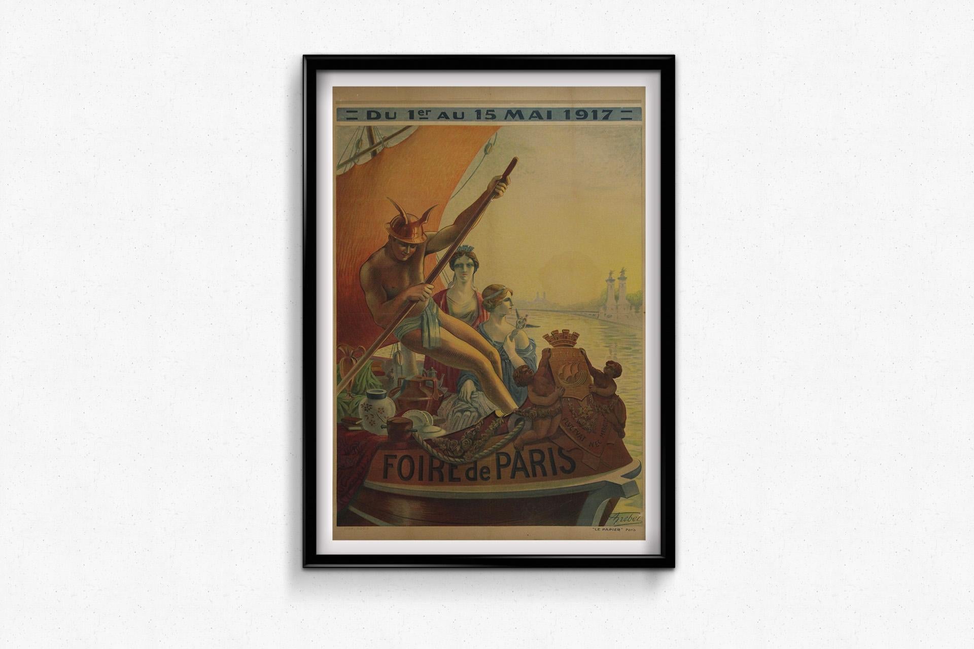 This original 1917 lithographic poster by Alphonse Grebel was created to promote the Foire de Paris, held from May 1st to 15th during the final years of World War I. Far beyond a simple commercial announcement, this poster reflects the resilience