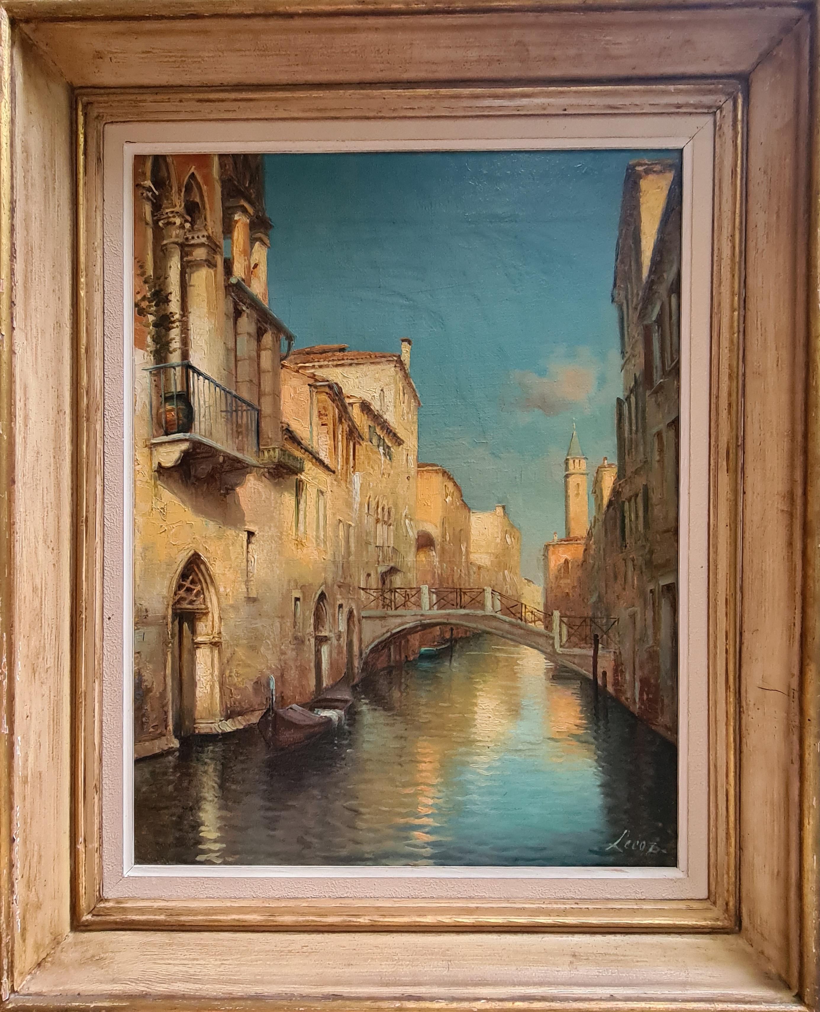 Vista impresionista, Canal cerca de San Barnaba, Venecia. Óleo sobre lienzo. - Painting de Alphonse Lecoz