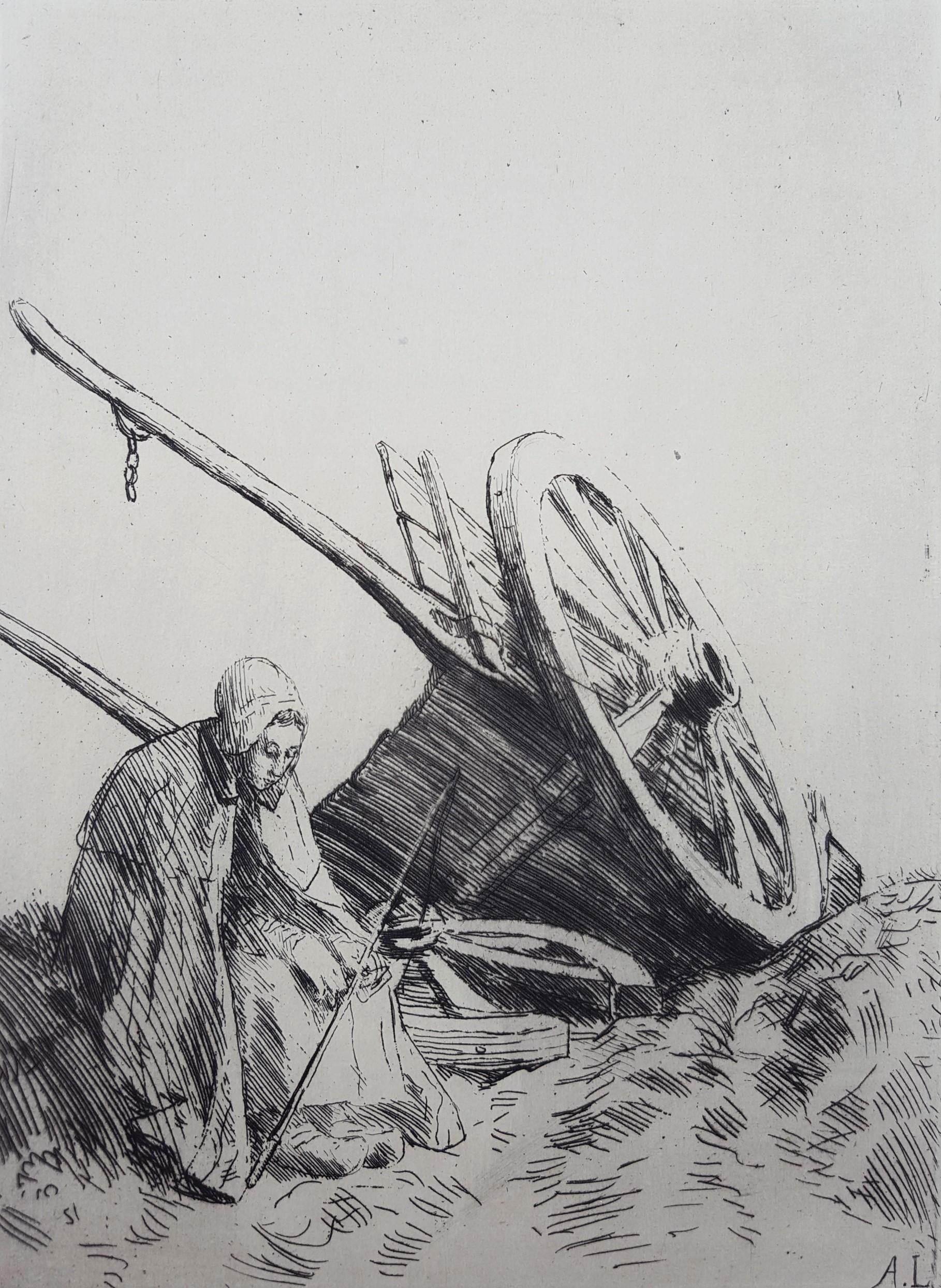 Alphonse Legros Figurative Print - La Charrette (The Cart)