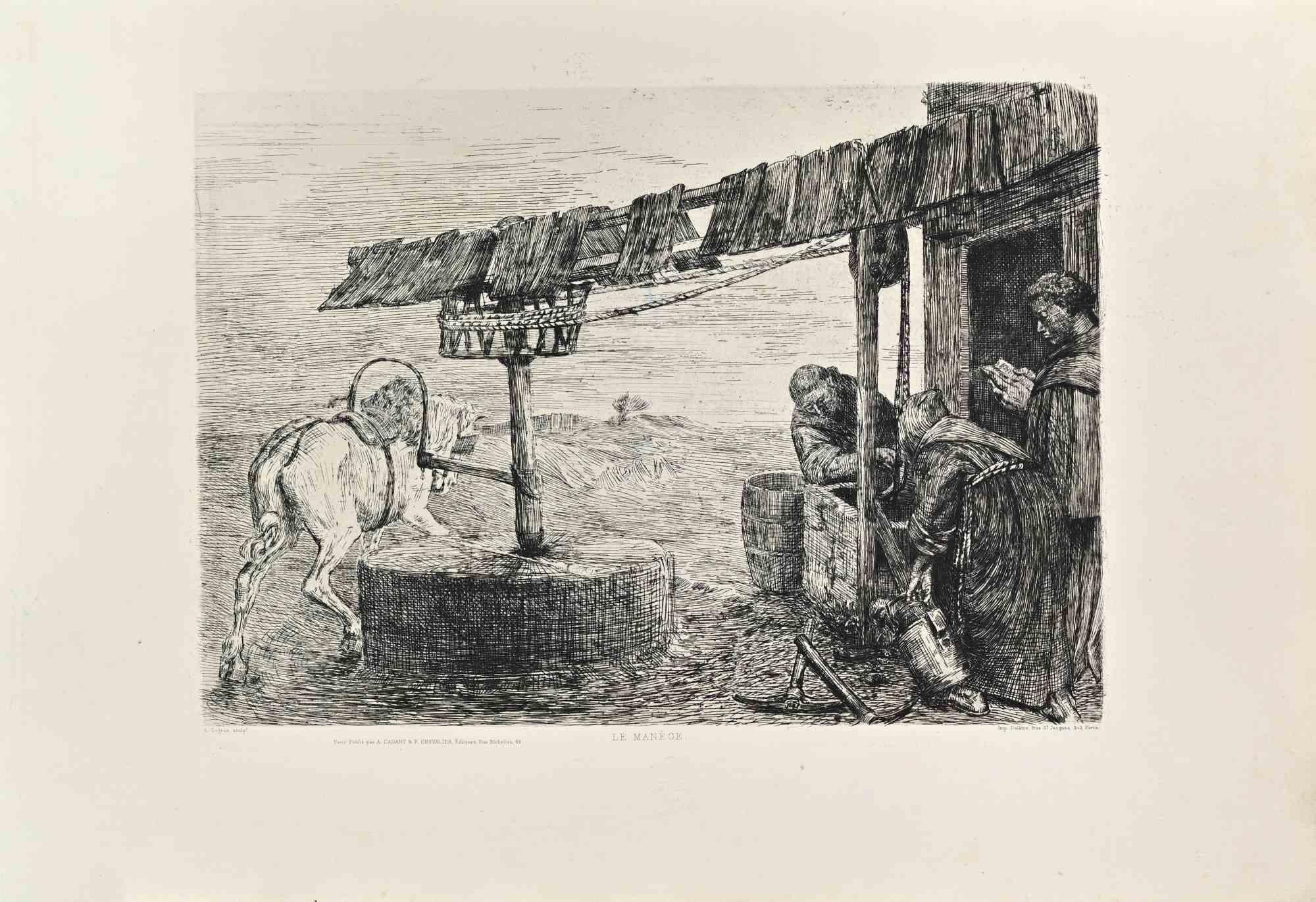 La Manege is a black and White etching realized by Alphonse Legros in the 1860s. 

Titled in the lower

Image Size: 26x37

Very good impression.

Realized for the "Société des Aquafortistes. Born on the initiative of the publisher Alfred Cadart, the