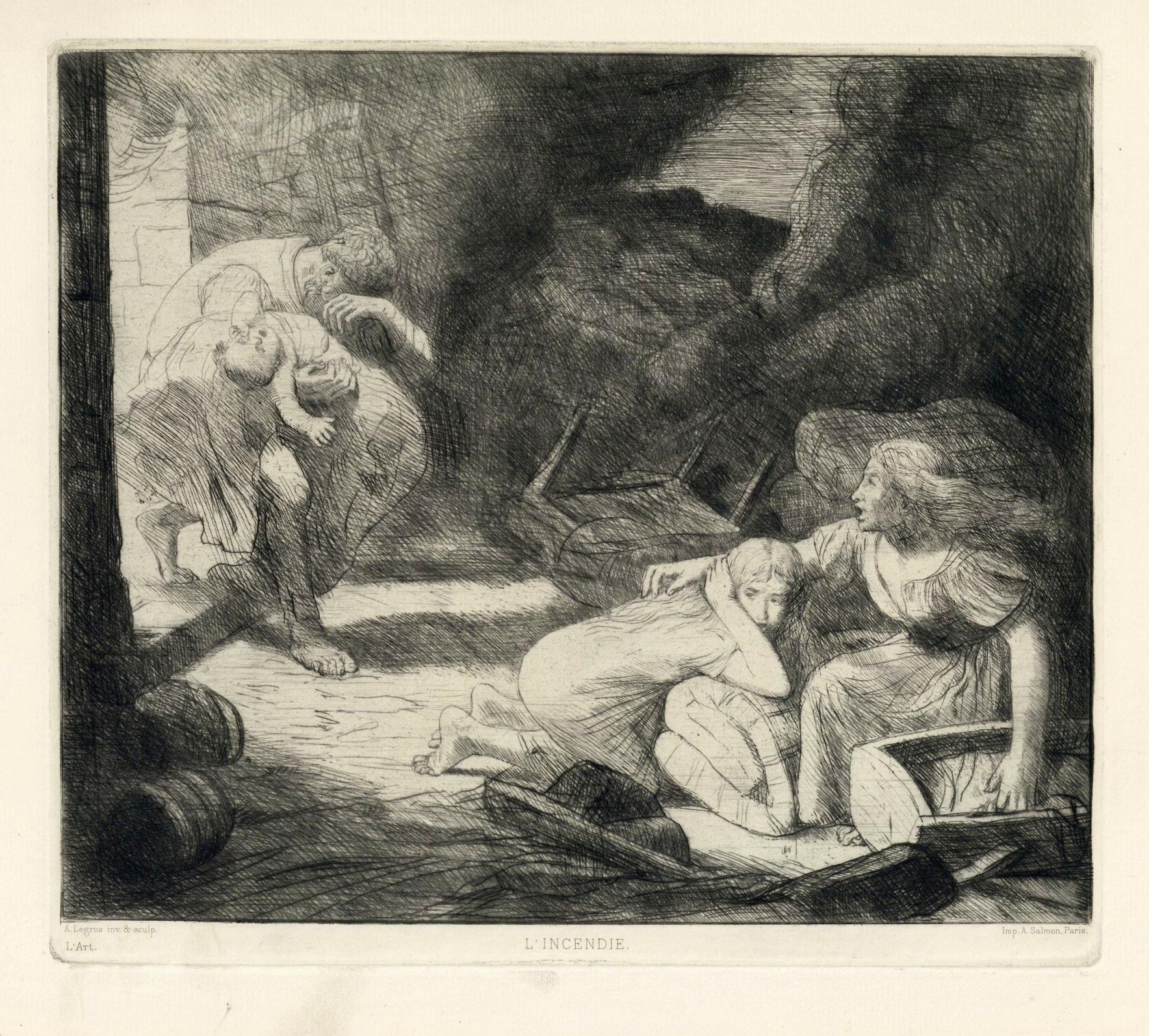 "L'Incendie" original etching - Print by Alphonse Legros