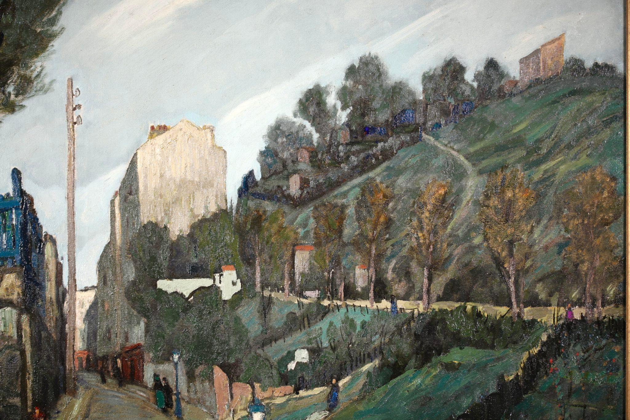 I wonderful oil on original unlined canvas circa 1920 by French modernist painter Alphonse Leon Quizet. The piece depicts a view of a street in Montmartre with houses to the left and a tree lined path beside parkland to the right. A man in a hat in