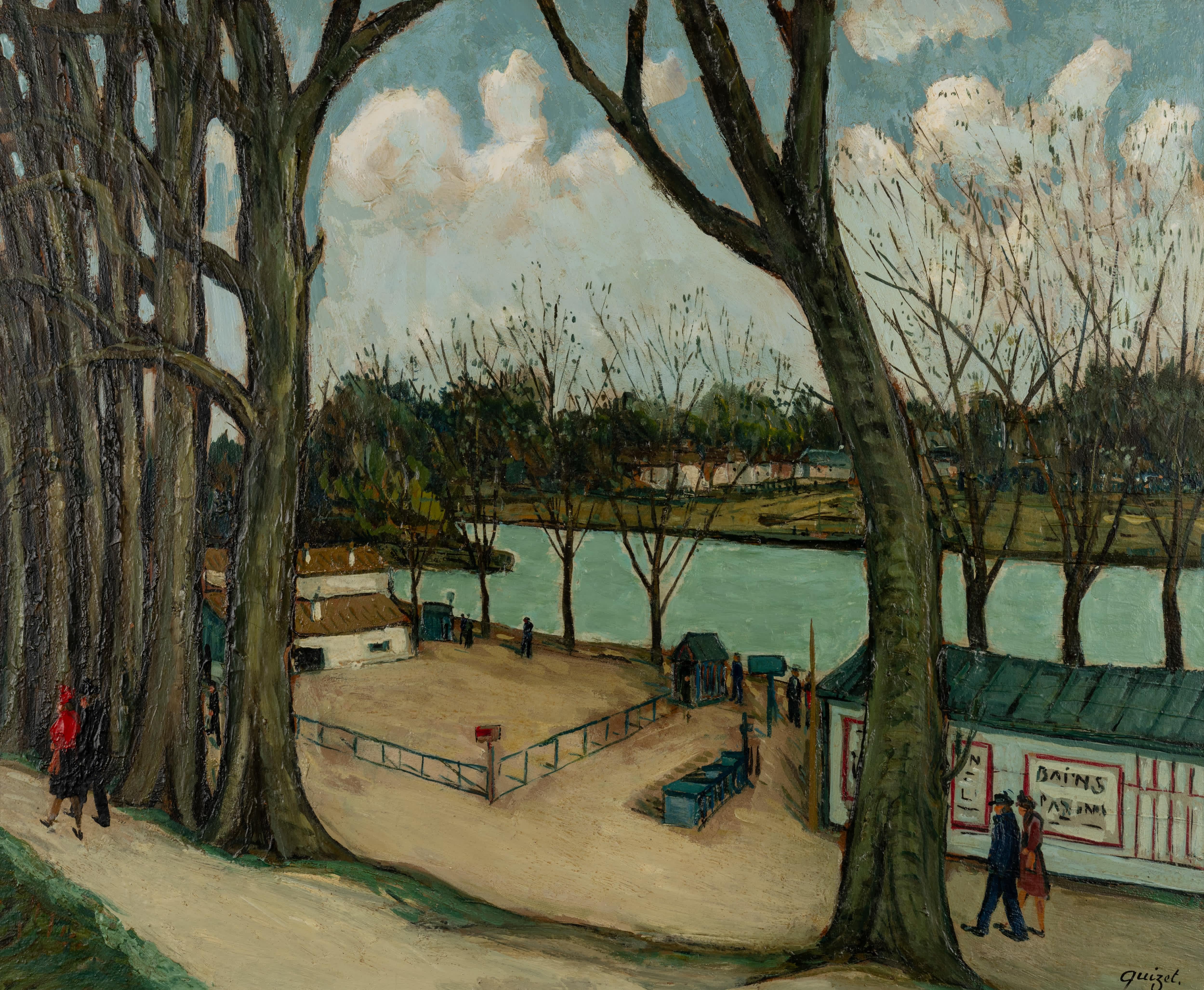 Spaziergang am Fluss – Painting von Alphonse Leon Quizet