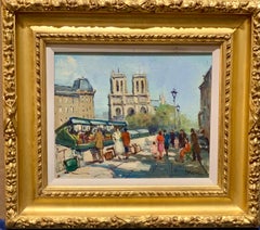 Vintage French mid 20th century Paris street Scene with Notre-Dame, book sellers, people