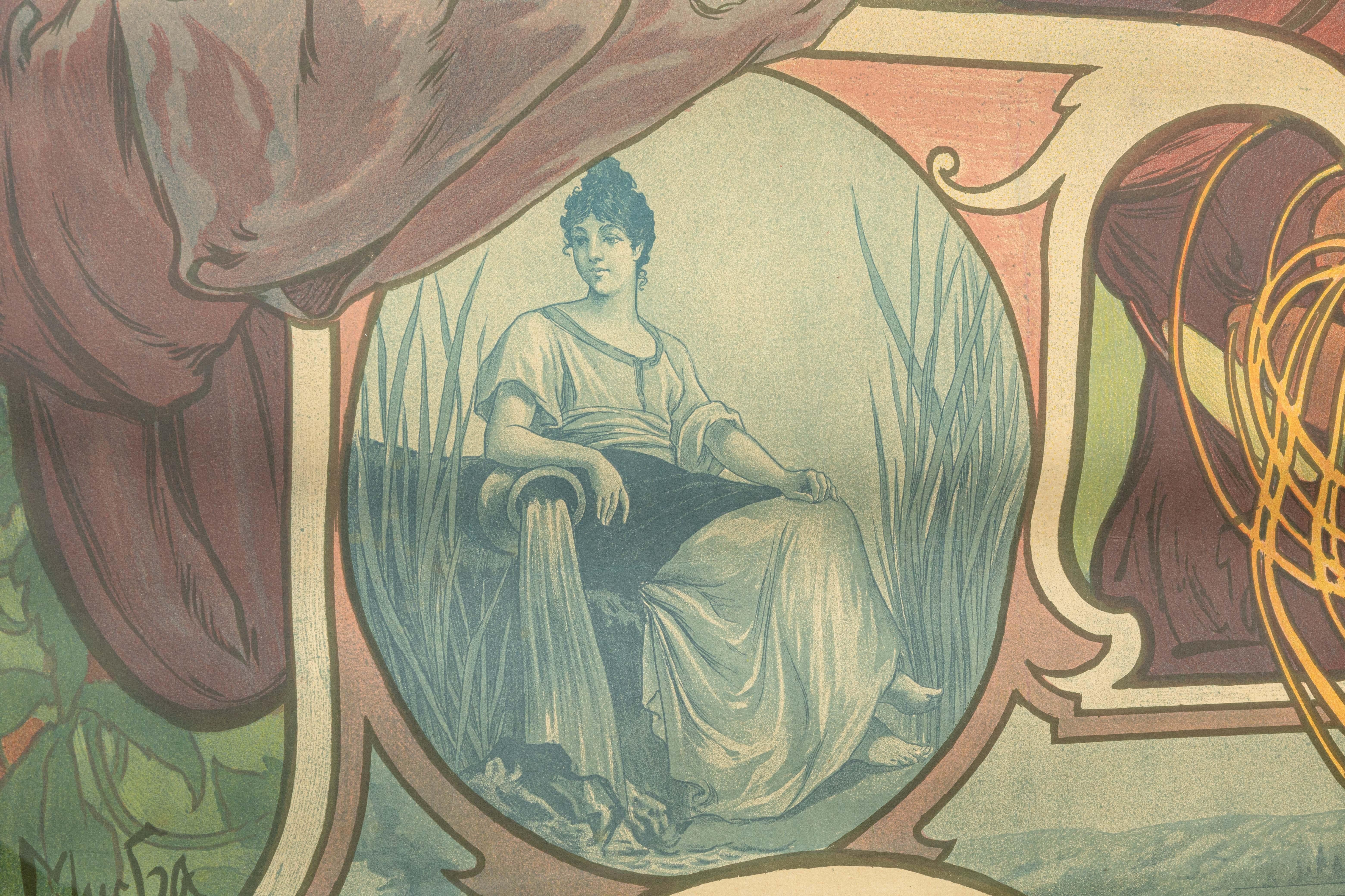 Alphonse Mucha Bières De La Meuse 1897 Lithographie Art Nouveau Imp. F. Champenois en vente 5