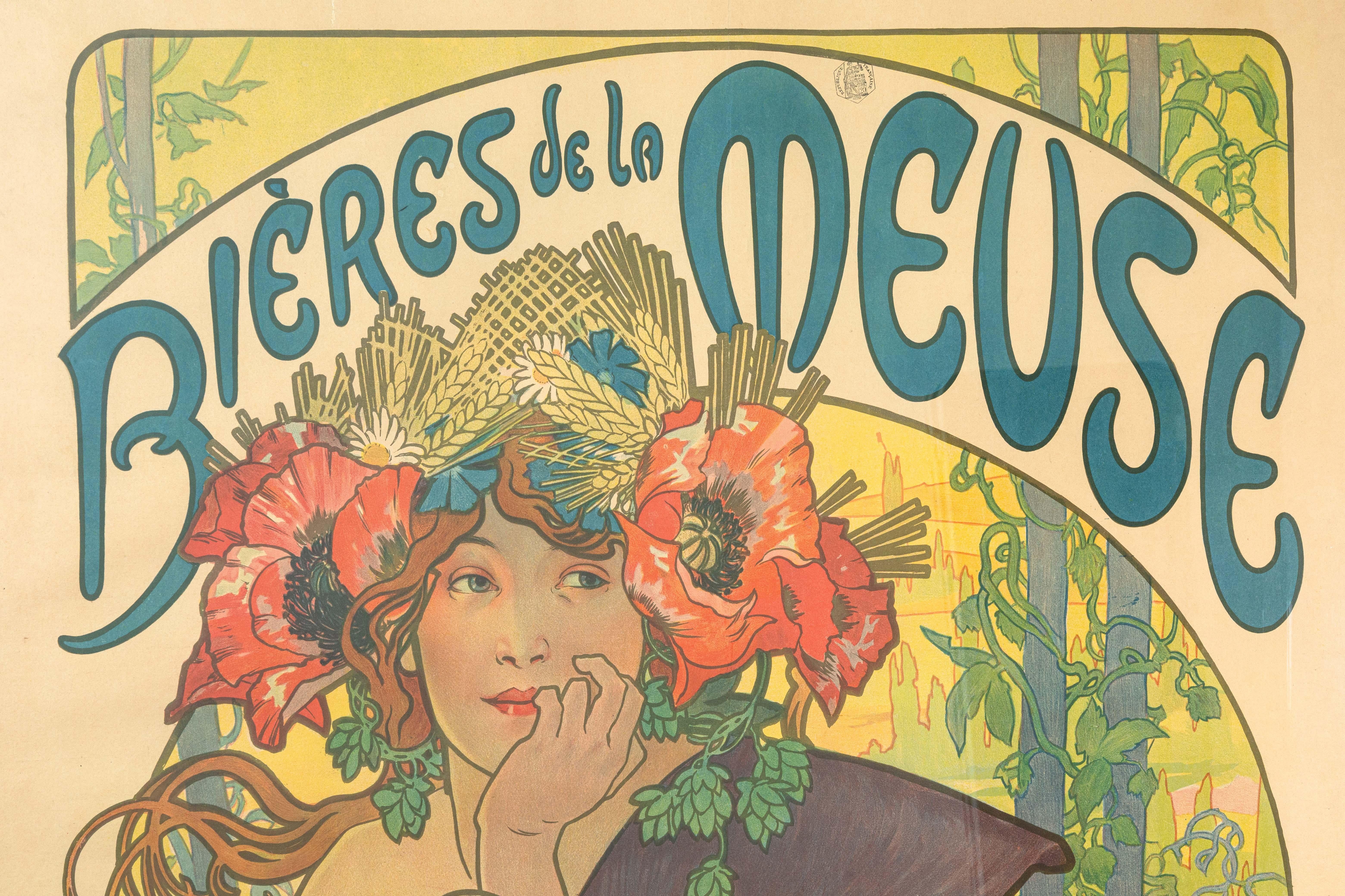 Français Alphonse Mucha Bières De La Meuse 1897 Lithographie Art Nouveau Imp. F. Champenois en vente