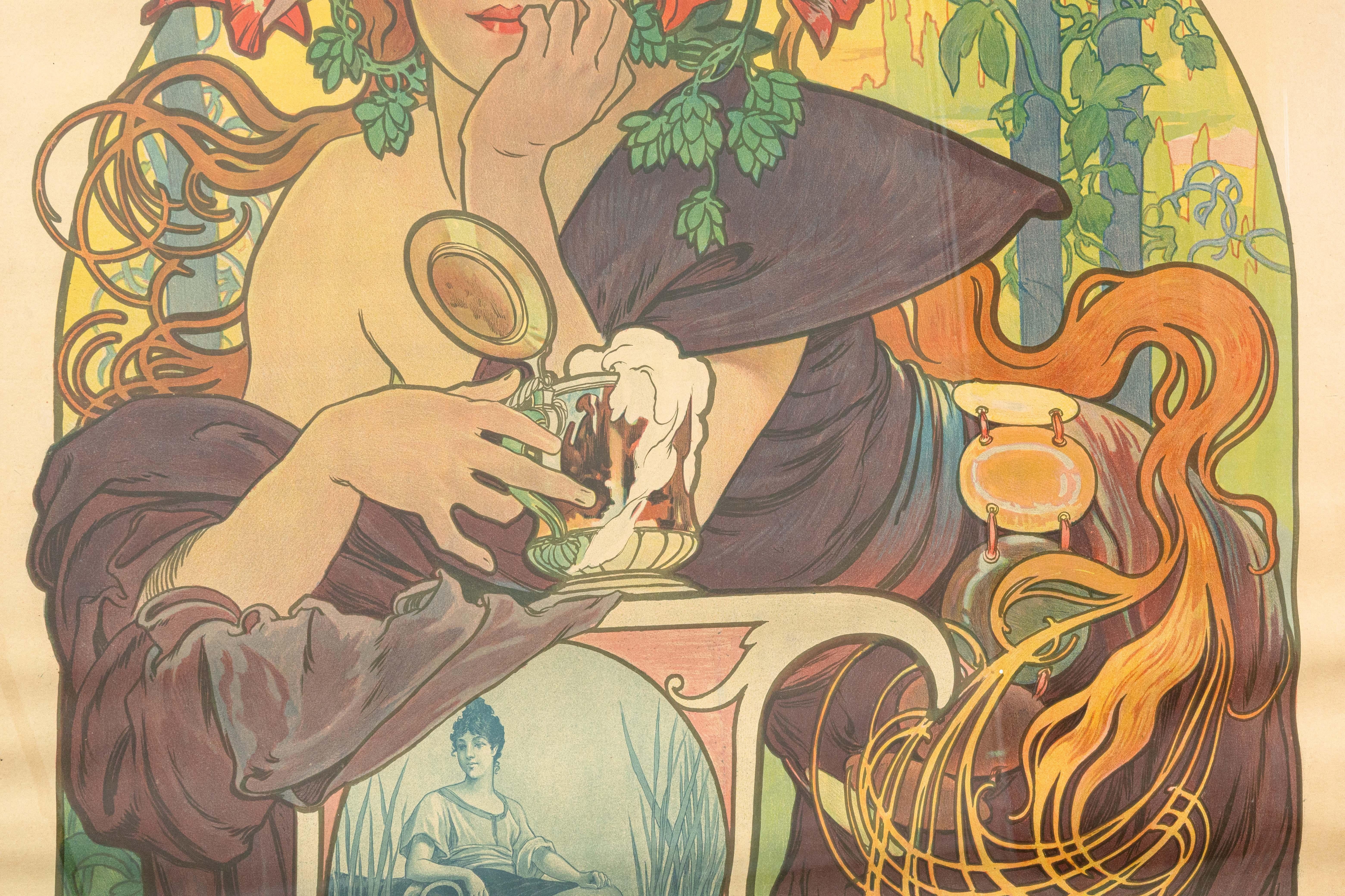 Alphonse Mucha Bières De La Meuse 1897 Lithographie Art Nouveau Imp. F. Champenois Bon état - En vente à Keego Harbor, MI