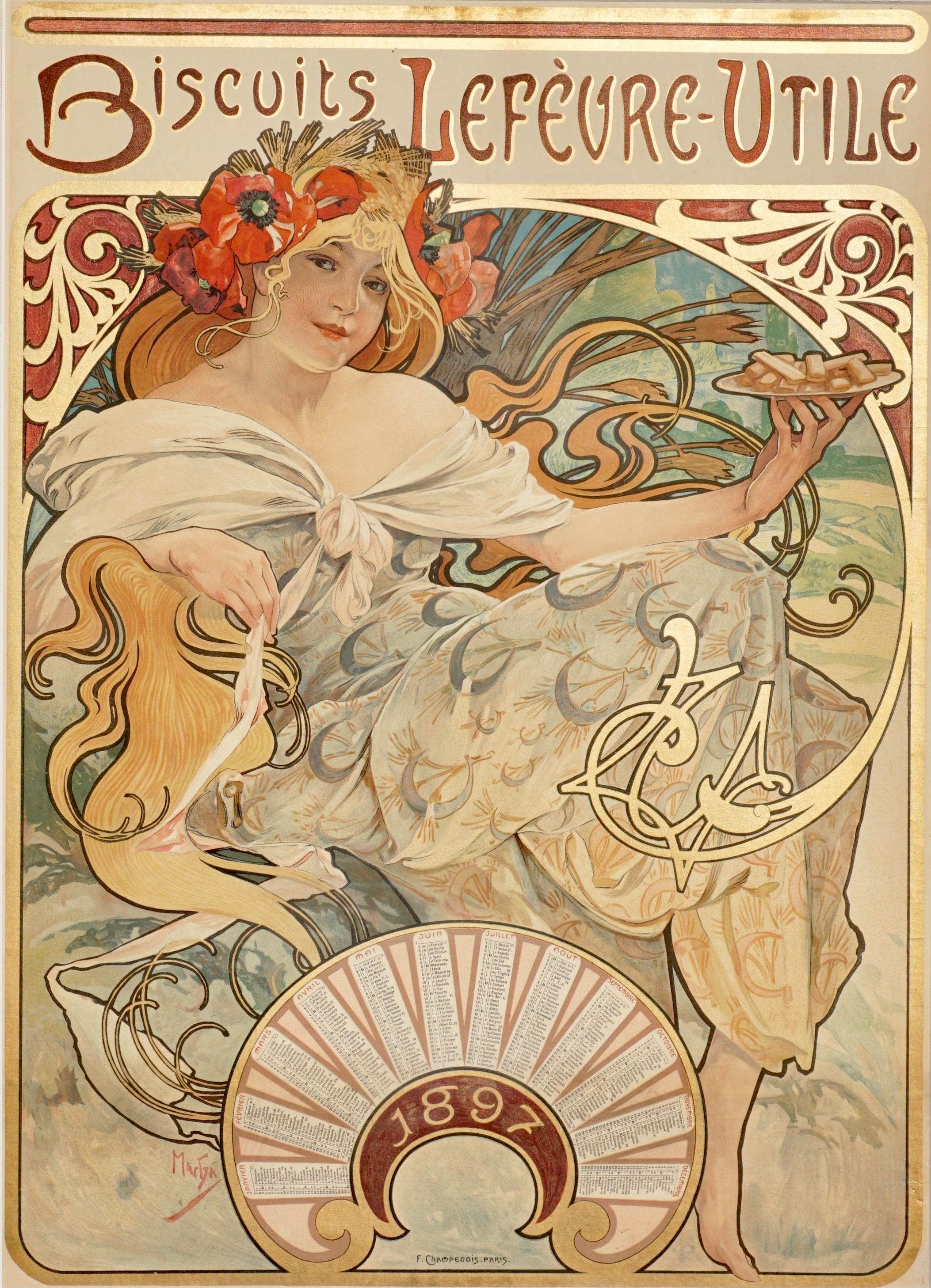 Alphonse Mucha Art Nouveau, 1897 Poster printed by F. Chapmenois Paris. France. Vivid and vibrant colors.

Museum archival glass, silk mat and frame ready to hang. Poster is linen backed. One .5 inches tare on right bottom border. Very good