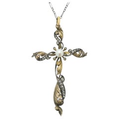 Antikes Jugendstil-Diamantkreuz mit natürlicher Perle, um 1910