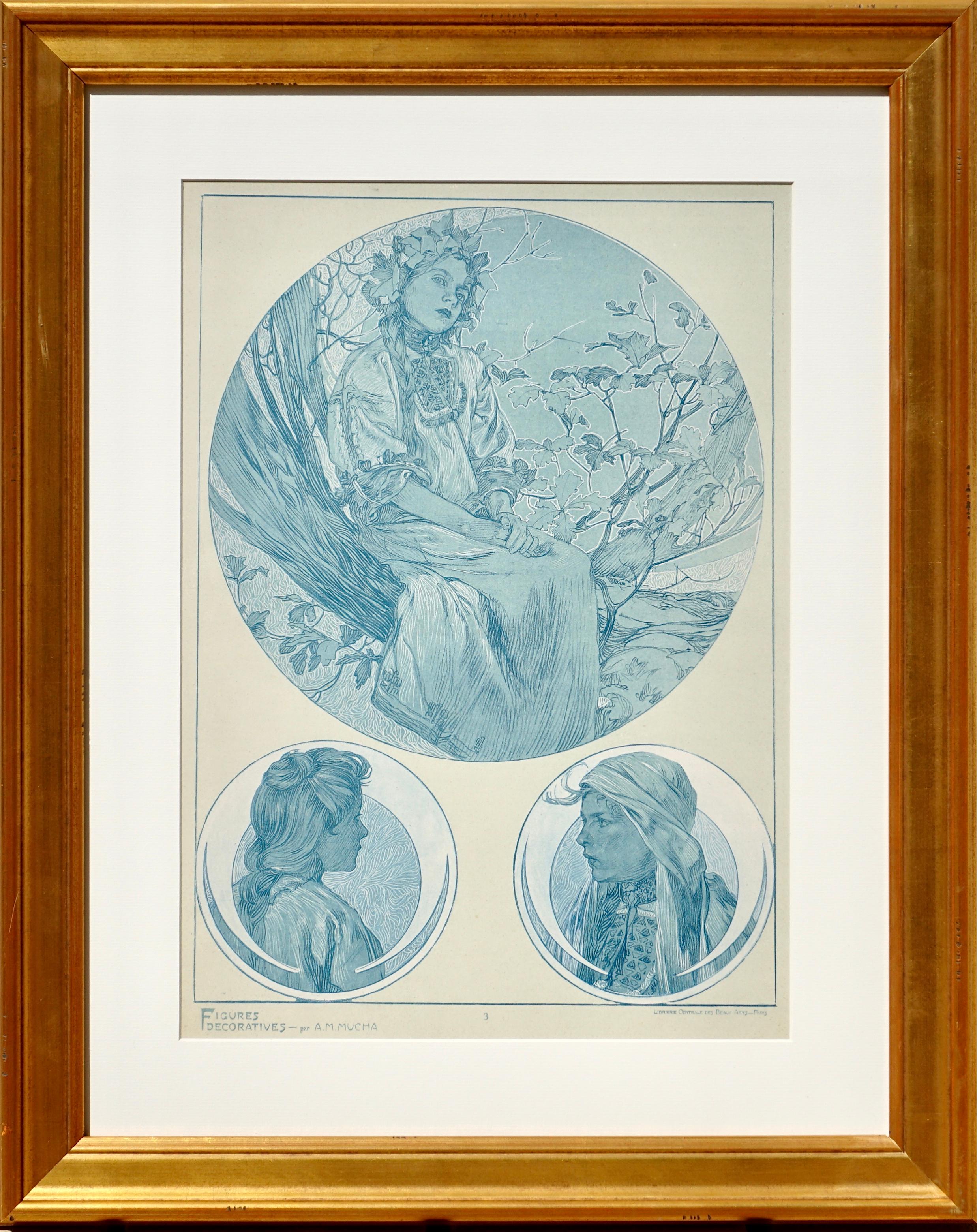 A framed Art Nouveau lithograph collotype poster by Alphone Mucha from 1905 representing the artist’s sketches of nudes, women and beautiful ladies in blues and white pigments on vellum paper. Plate 3 of “Figures Decoratives par A. M. Mucha,”